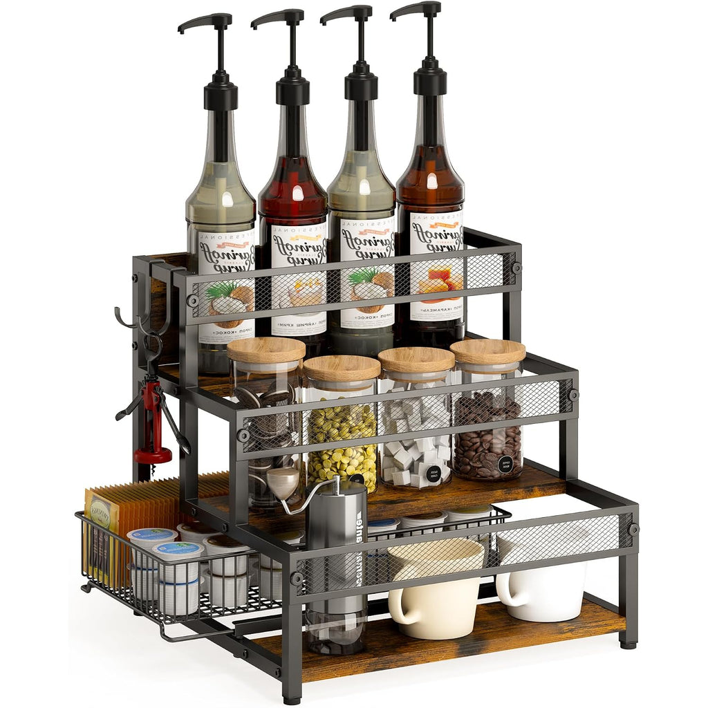 Loteyike 3 Tier Coffee Syrup Rack Organizer, 12 Water Bottles Holder Stand Liquor Cabinet Storage, Wine Rack Countertop Storage Rack Coffee Bar Cabinet For Kitchen