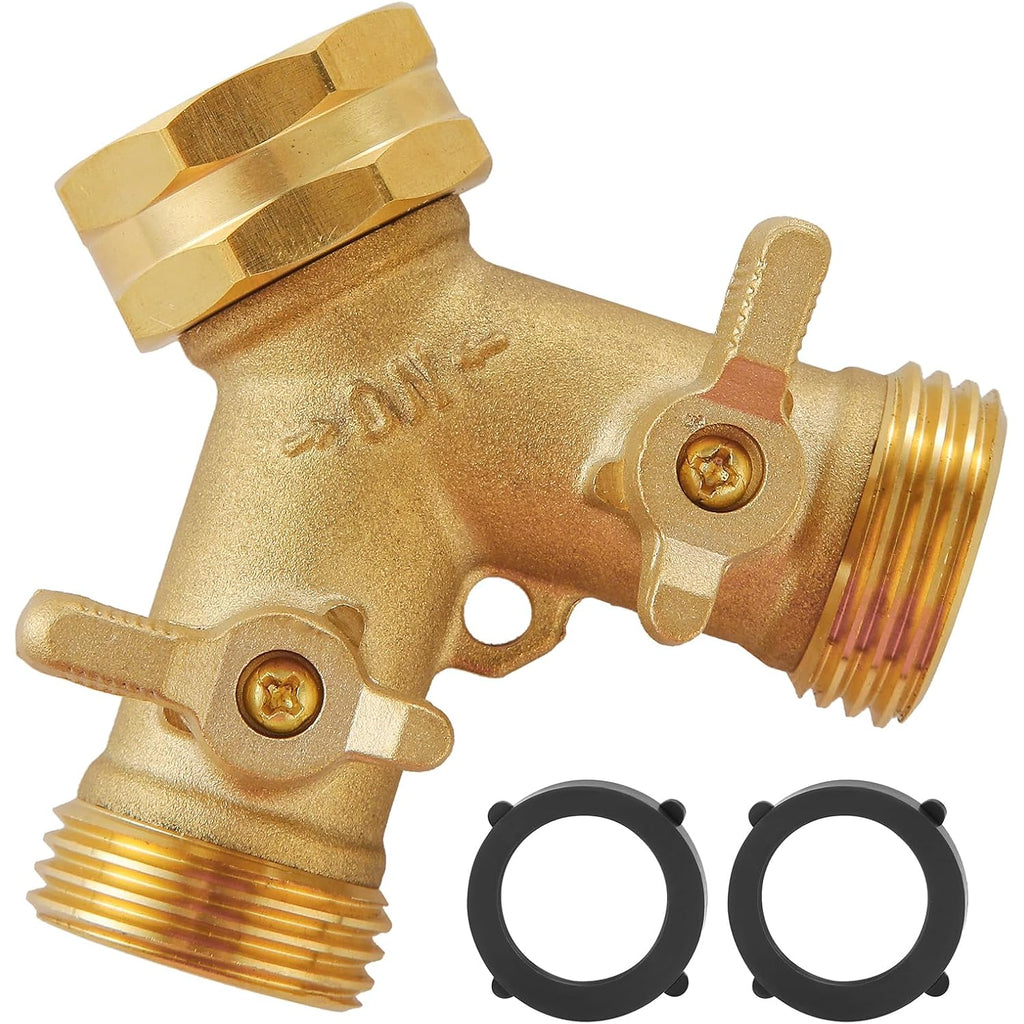 Garden Hose Splitter 2 Way Heavy Duty, Outdoor Faucet Splitter | Solid Brass Spigot Splitter Hose Y Splitter With Shutoff Valve