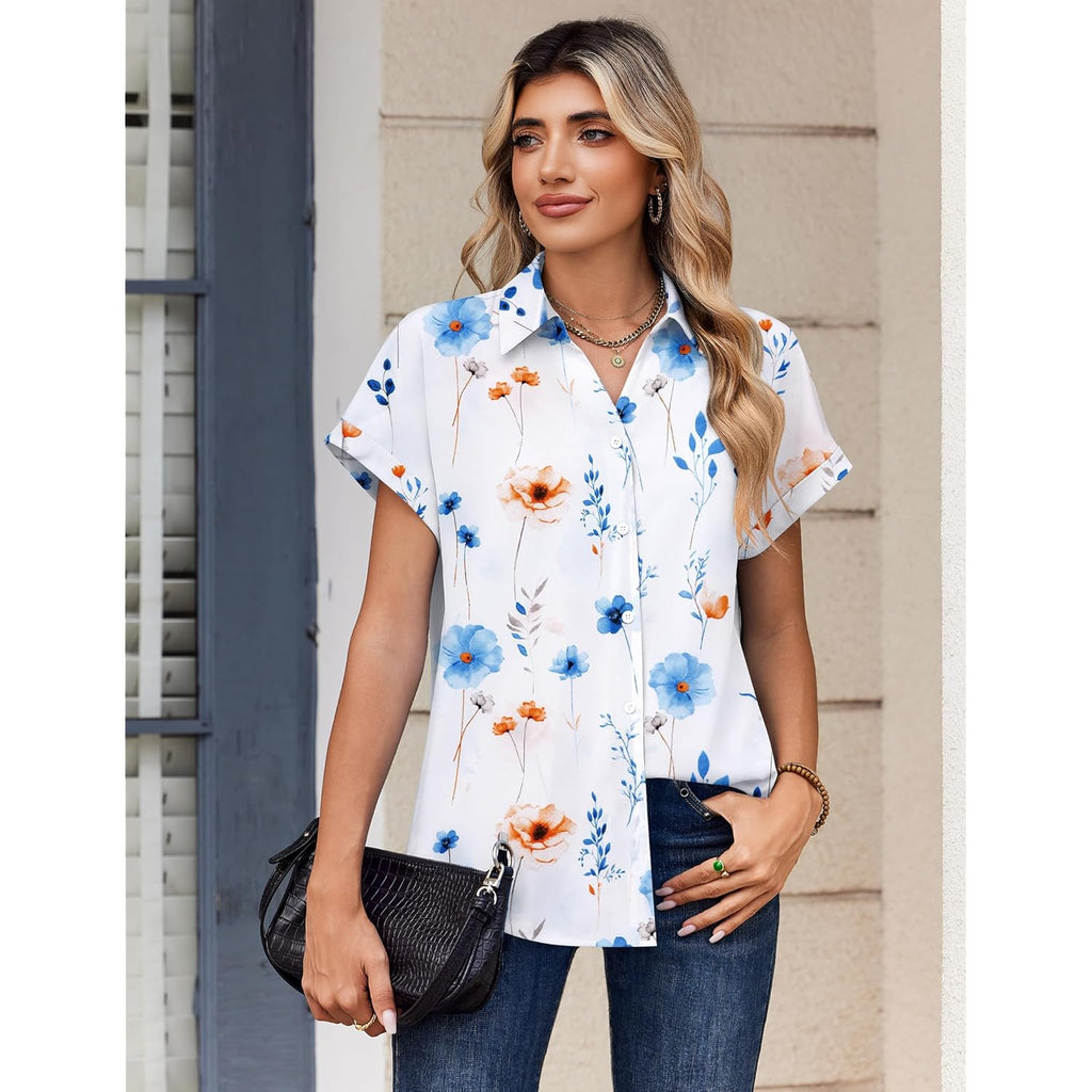Women Blouses Short Sleeve Button Down Shirts Business Casual Dressy Work Tops Summer Spring Clothes