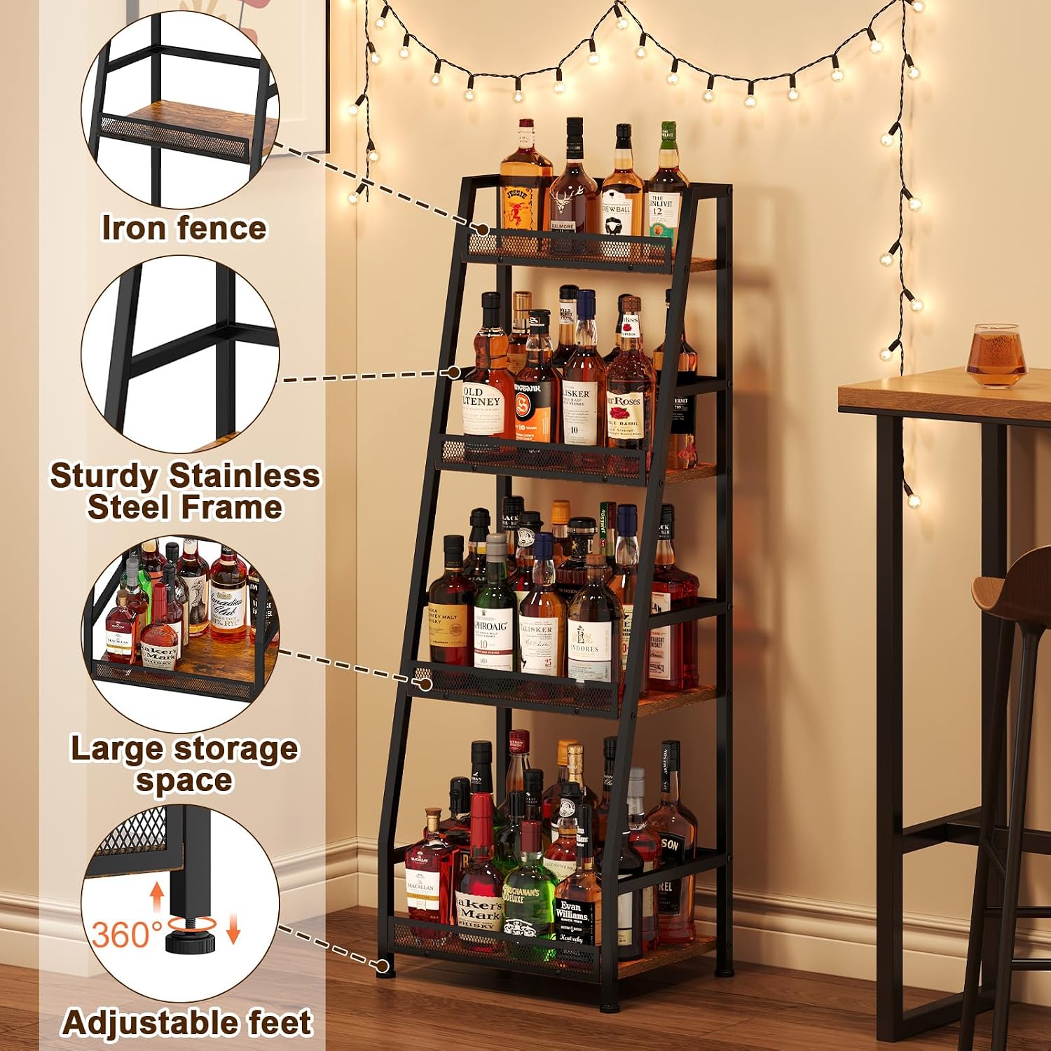 4-Tier Trapezoid Liquor Stand For Home Bar, Stepped Wine Rack Freestanding Floor Liquor Cabinet For Whiskey Wine, Versatile Corner Wine Bottle Display Stand With Fences, Vintage Brown（Patent Pending）