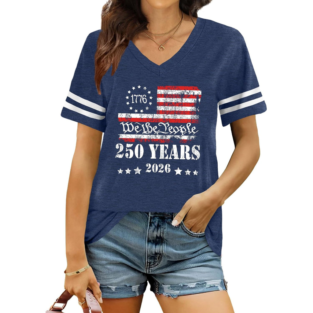 American Flag Shirts Women Patriotic Shirt 4th of July Tee Tops V-Neck Short Sleeve Summer T-Shirt