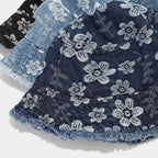 Frayed Unisex Sun Hats, Fashion Beach Bucket Hat for Men Women,Summer Outdoor Boy's Girls Boonie Cap Denim Floral L.blue
