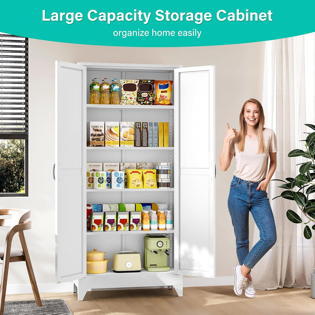 75" Tall Pantry Cabinet,Farmhouse Kitchen Pantry Storage Cabinets With 2 Doors And 5 Shelves,White Metal Storage Cabinet,Large Cupboard For Home,Kitchen,Dining/Living Room