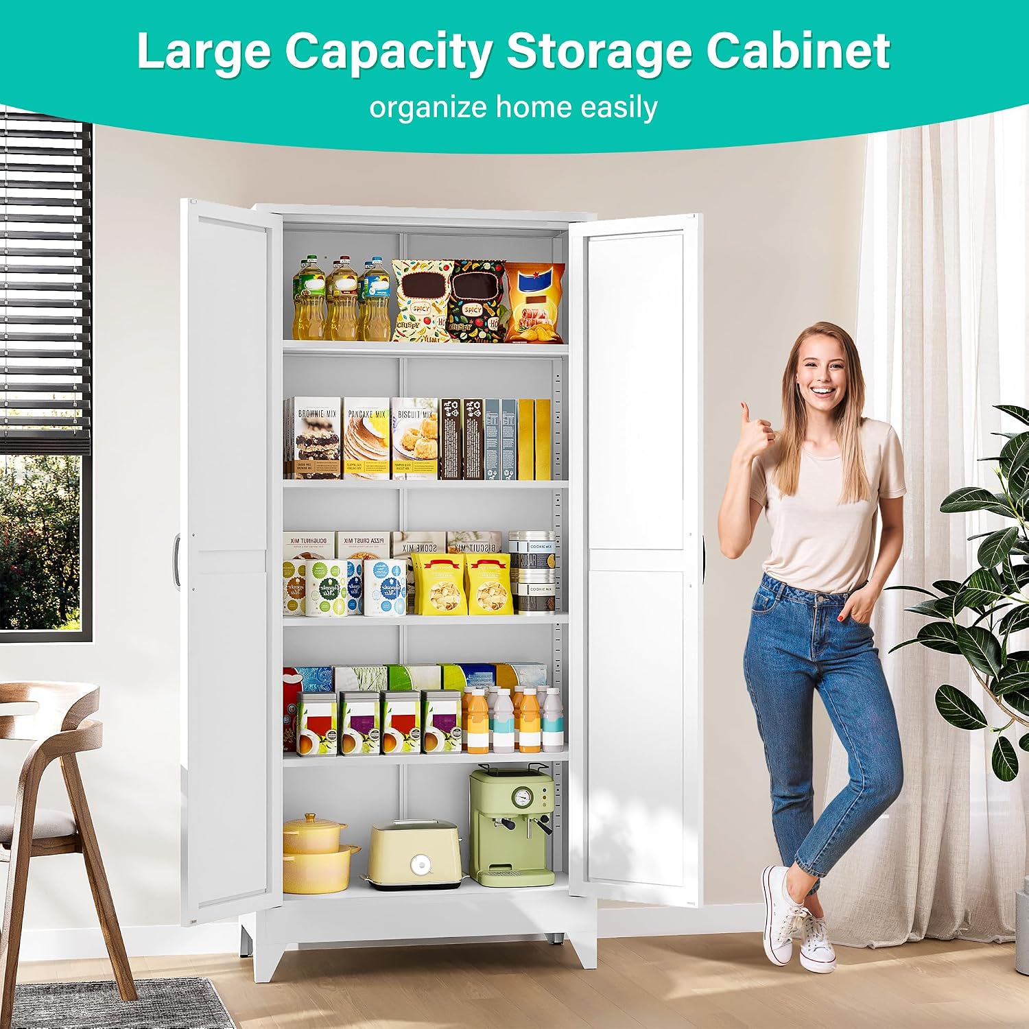 75" Tall Pantry Cabinet,Farmhouse Kitchen Pantry Storage Cabinets With 2 Doors And 5 Shelves,White Metal Storage Cabinet,Large Cupboard For Home,Kitchen,Dining/Living Room
