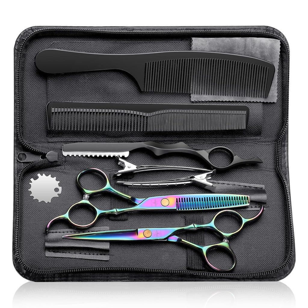 Hair Cutting Scissors Kit, Professional Barber Scissors Hairdressing Shears Set With Stainless Steel Hair Scissor Thinning Scissor For Men Women Pet 10 Pcs Rainbow