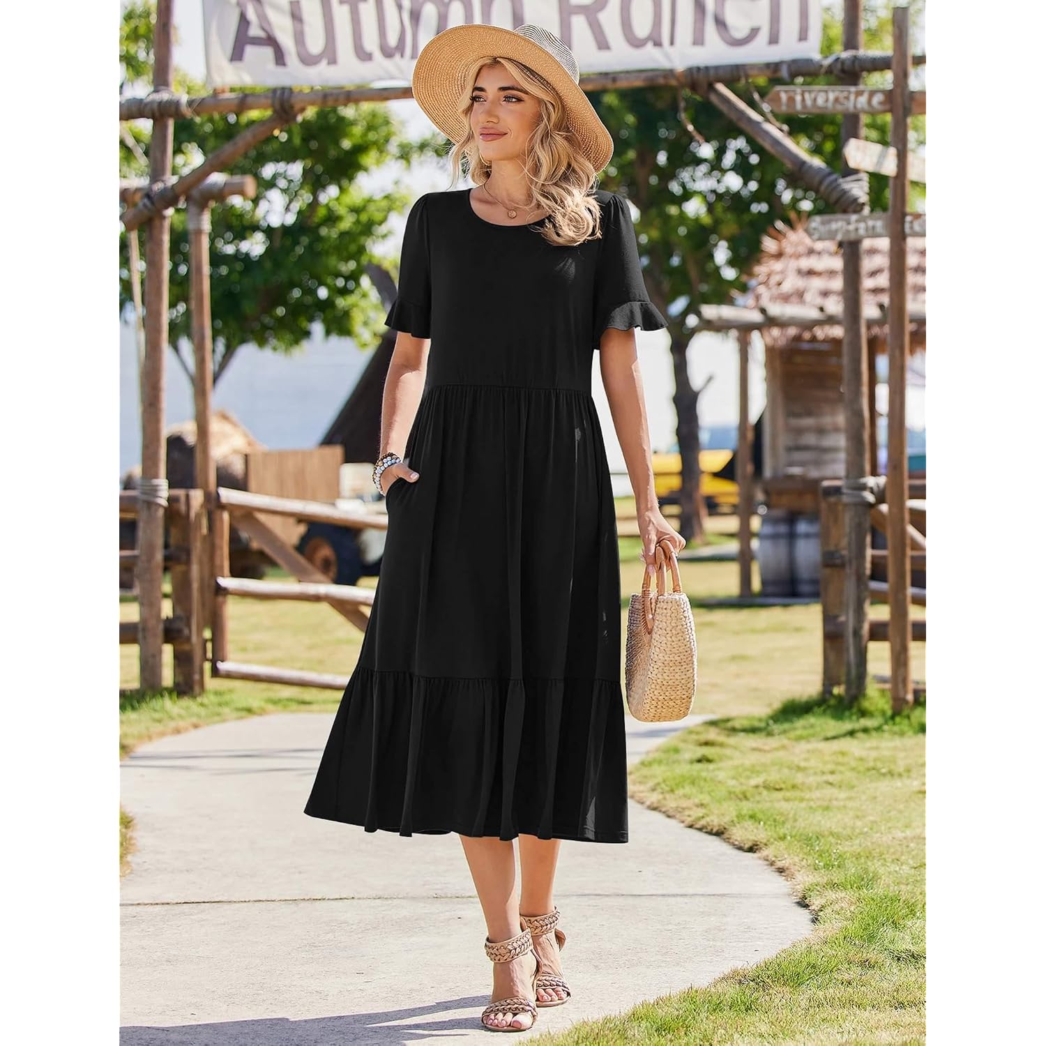 Zeagoo Womens Summer Dresses 2026 Casual Midi Dress Flowy Sundress Ruffle Short Sleeve Tiered Dresses A Line Boho Dress