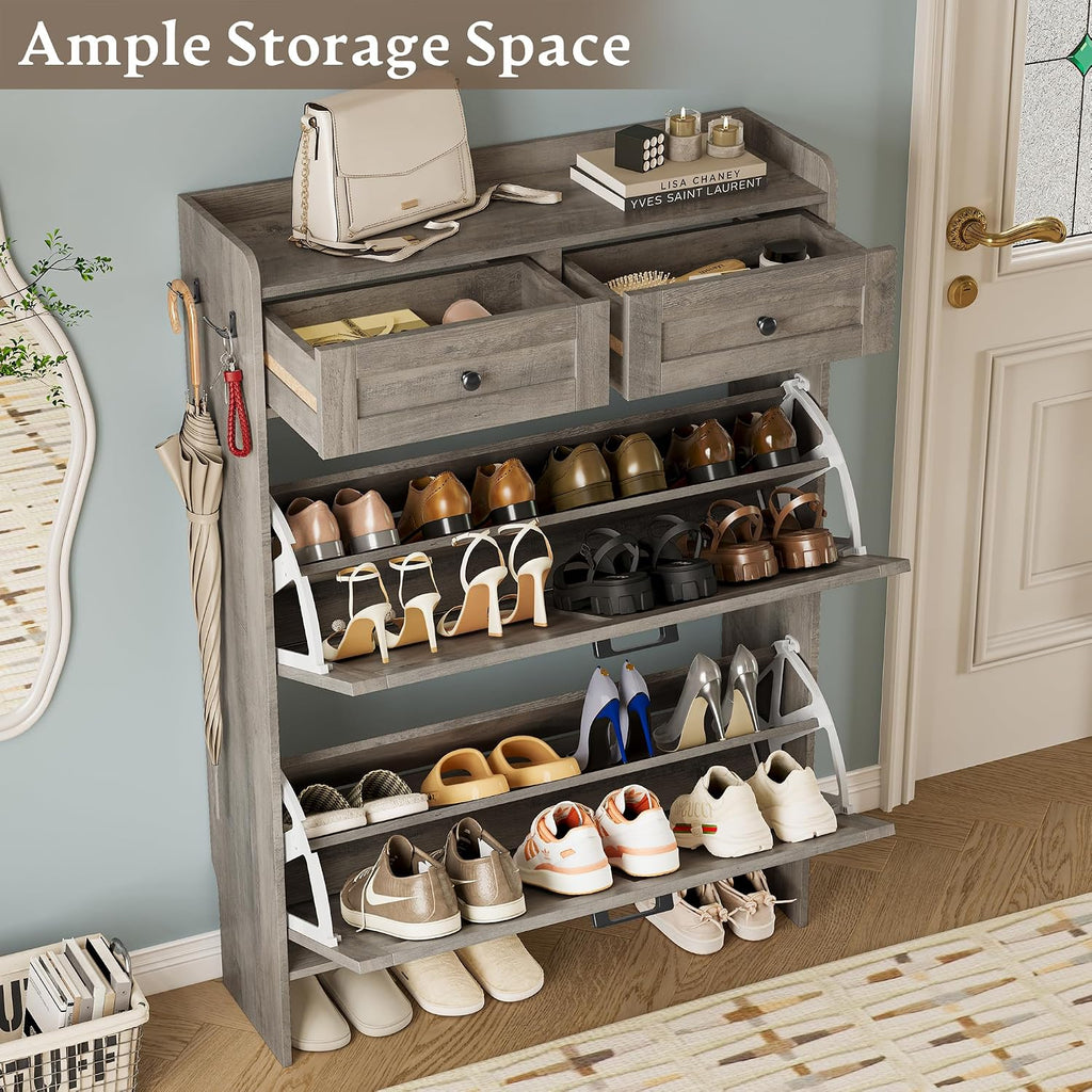 Bornoon Shoe Storage Cabinet For Entryway, Farmhouse Narrow Shoe Cabinet With 2 Flip Drawers & Top Drawers, Adjustable Shelves & Hooks, Freestanding Hidden Rack Organizer For Hallway, Foyer