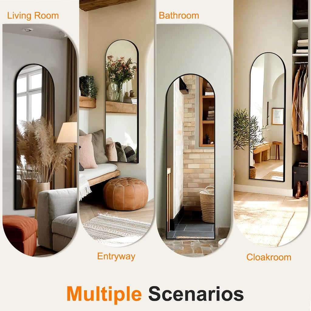 Arched Full Length Mirror, 56"X15" Standing Body Mirror For Wall, With Aluminum Alloy Frame For Bedroom, Living Room, Dressing Room(Black)