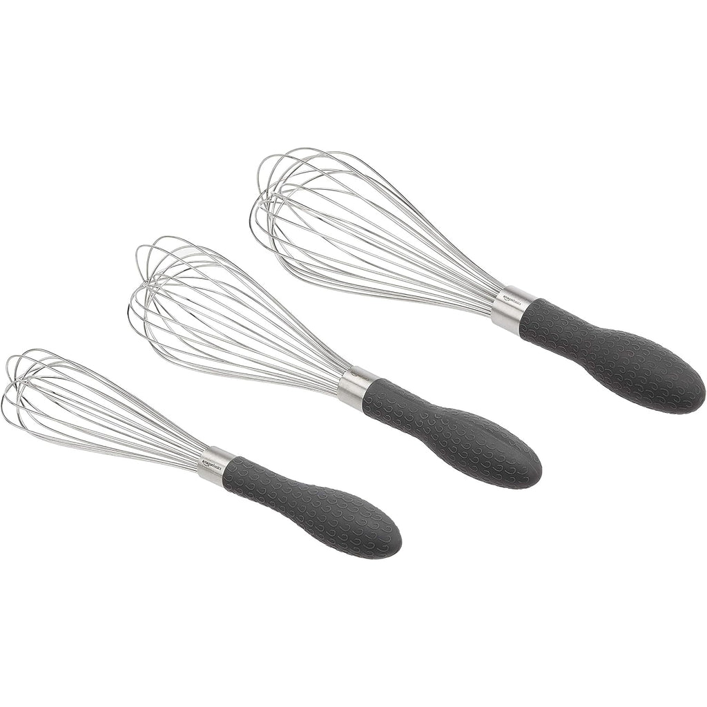 Amazon Basics Stainless Steel Wire Whisk Set For Cooking, Different Sizes, Easy To Hold Ergonomic Handle, 3 Piece, Black/Silver