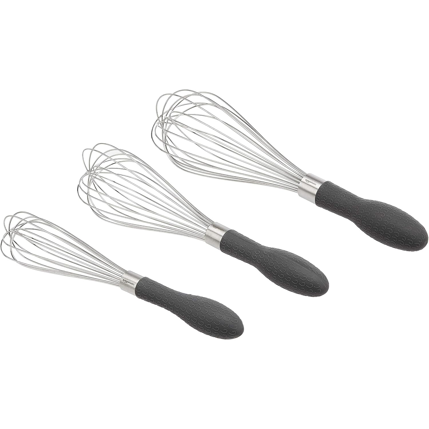 Amazon Basics Stainless Steel Wire Whisk Set For Cooking, Different Sizes, Easy To Hold Ergonomic Handle, 3 Piece, Black/Silver
