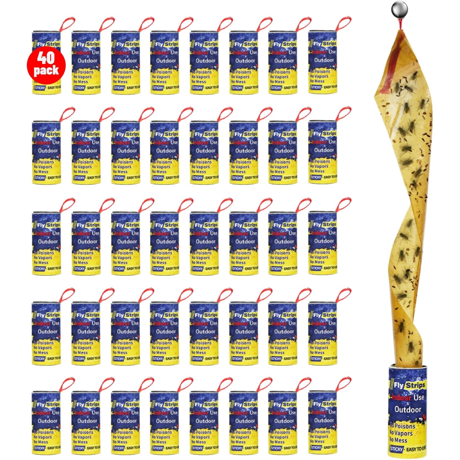 40 Pack Fly Traps Strips Indoor Outdoor, Flies Paper Sticky Hanging With Pins, Fruit Fly Tape Ribbon Roll For Home, Bug & Gnat Catchers For Inside, House Fly Killer For Winged Insect, Mosquito