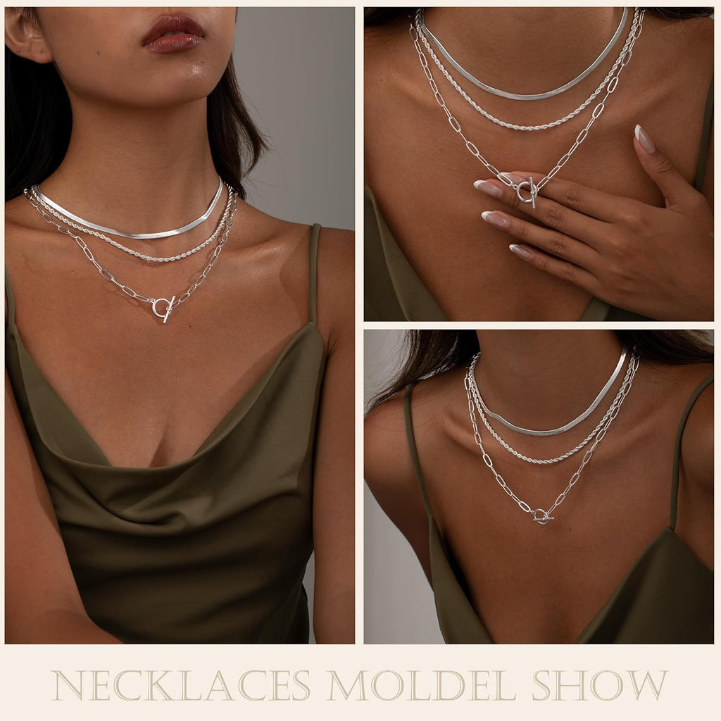 Freekiss Layered Necklaces for Women: 14K Gold/Sterling Silver Plated Chunky Necklace Paperclip Cuban Rope Adjustable Choker T-Bar Toggle Clasp Chunky Necklace for Women Trendy Jewelry Gifts