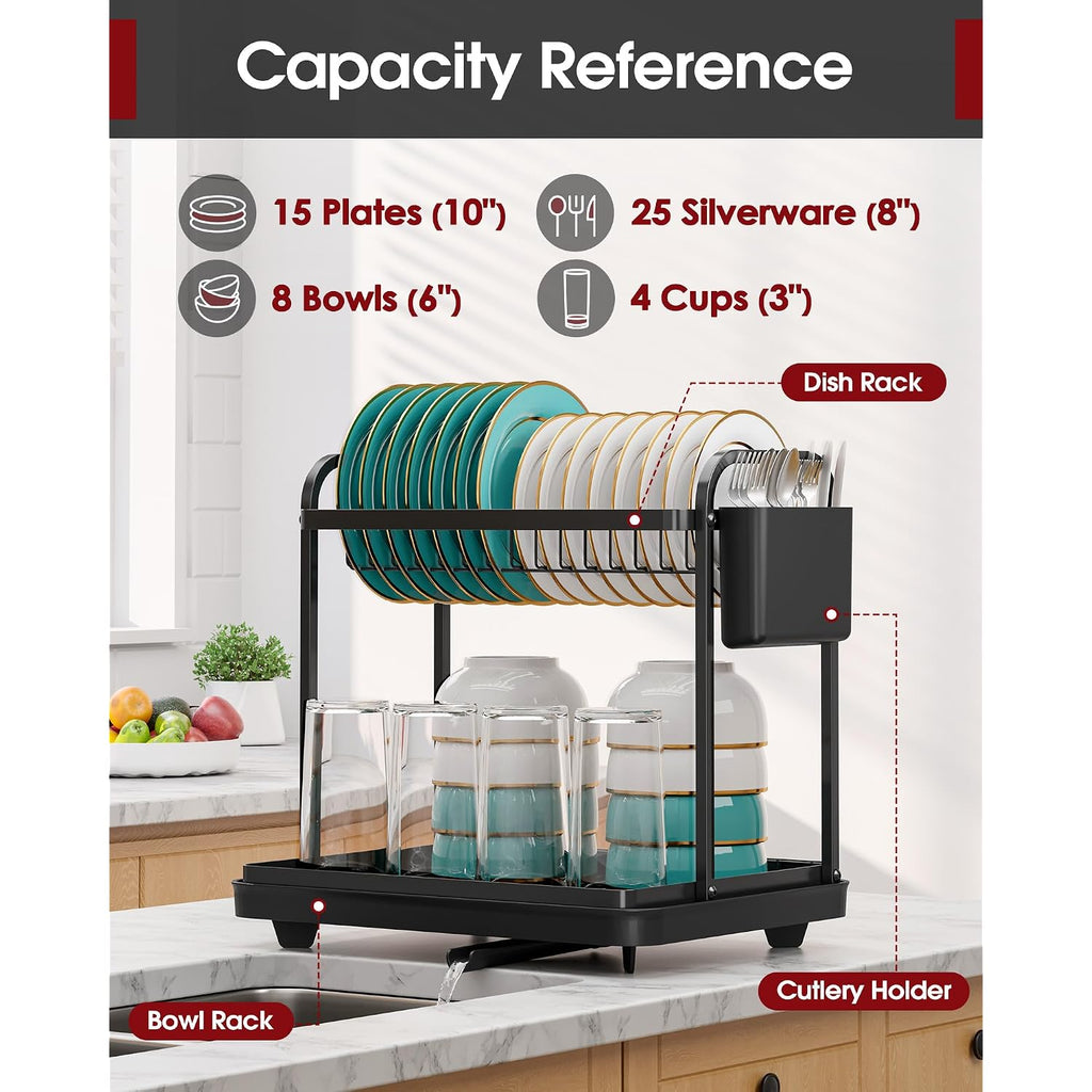 2-Tier Dish Drying Rack - Stainless Steel Dish Rack With Cutlery & Utensil Holders For Kitchen Counter, Sink Organization And Storage For Small Family, 15" W X 11.4" L X 15" H, Black