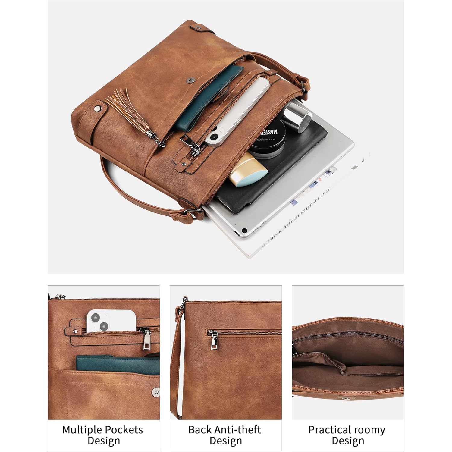 FADEON Large Crossbody Purses for Women Crossbody Bag, Designer Leather Cross Body Purses Multi Pocket Shoulder Bag
