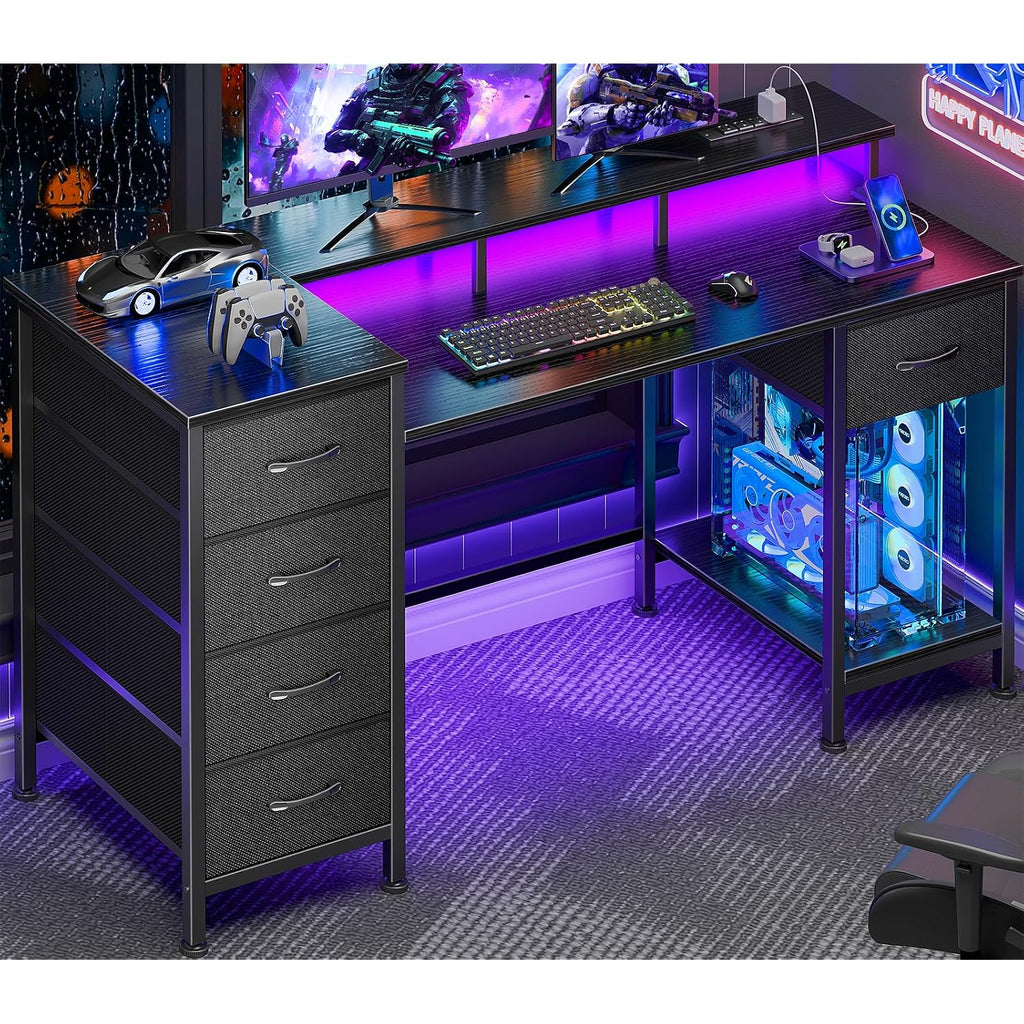 Korfile 47 Inch Gaming Desk With Power Outlets And Led Lights, Reversible Computer Desk With 5 Fabric Storage Drawers, Home Office Desk With Monitor Stand For Working Writing Study, Black