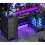 Korfile 47 Inch Gaming Desk With Power Outlets And Led Lights, Reversible Computer Desk With 5 Fabric Storage Drawers, Home Office Desk With Monitor Stand For Working Writing Study, Black