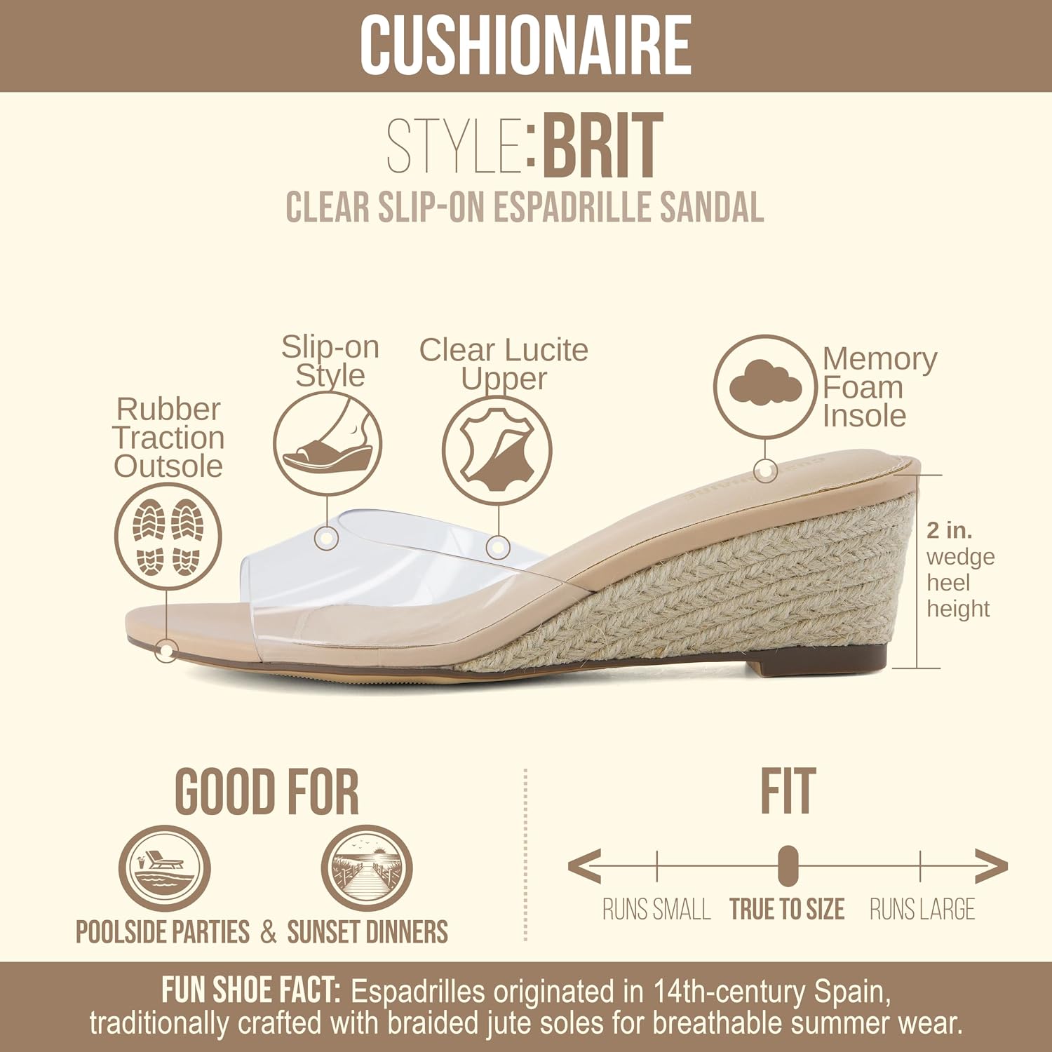 Cushionaire Brit Dress Wedge Sandals For Women, Clear Slip-On Espadrille Heels With Soft Memory Foam Comfort