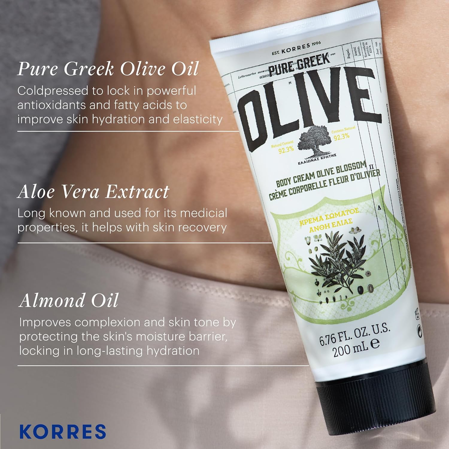 Korres Olive Body Lotion For Dry Skin Moisturizer Cream With Vitamin E, Aloe And Pure Greek Olive Oil For Body Care, Hydrating & Nourishing For Smooth, Supple Skin, Olive Blossom Scented, 6.76 Fl Oz