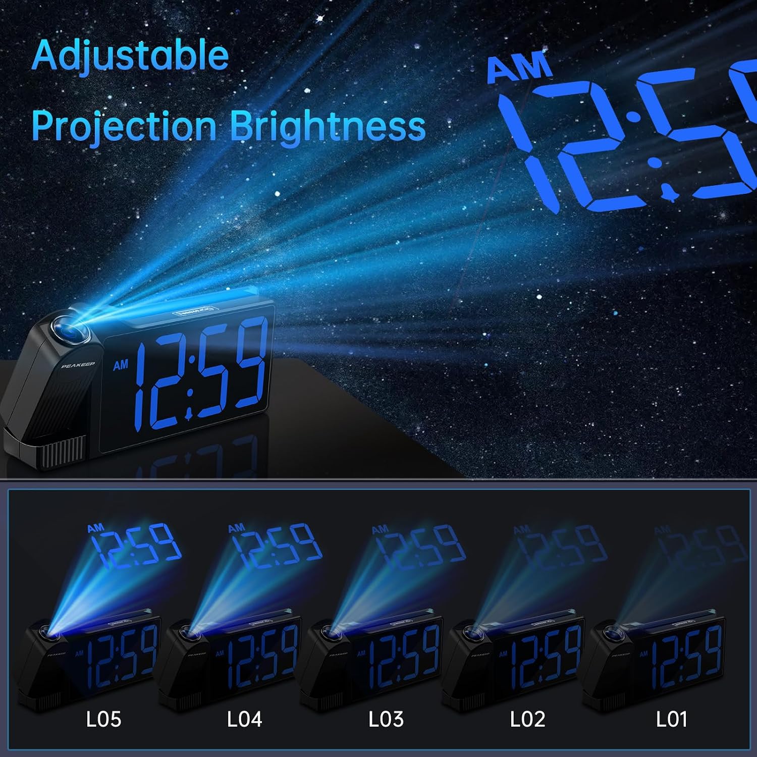 Peakeep Projection Alarm Clock For Bedroom Ceiling With Colorful Nightlight | 180° Rotatable Projector, 5 Brightness Dimmable, Electric Large Number Led Digital Clock With Usb Port Charger For Bedside