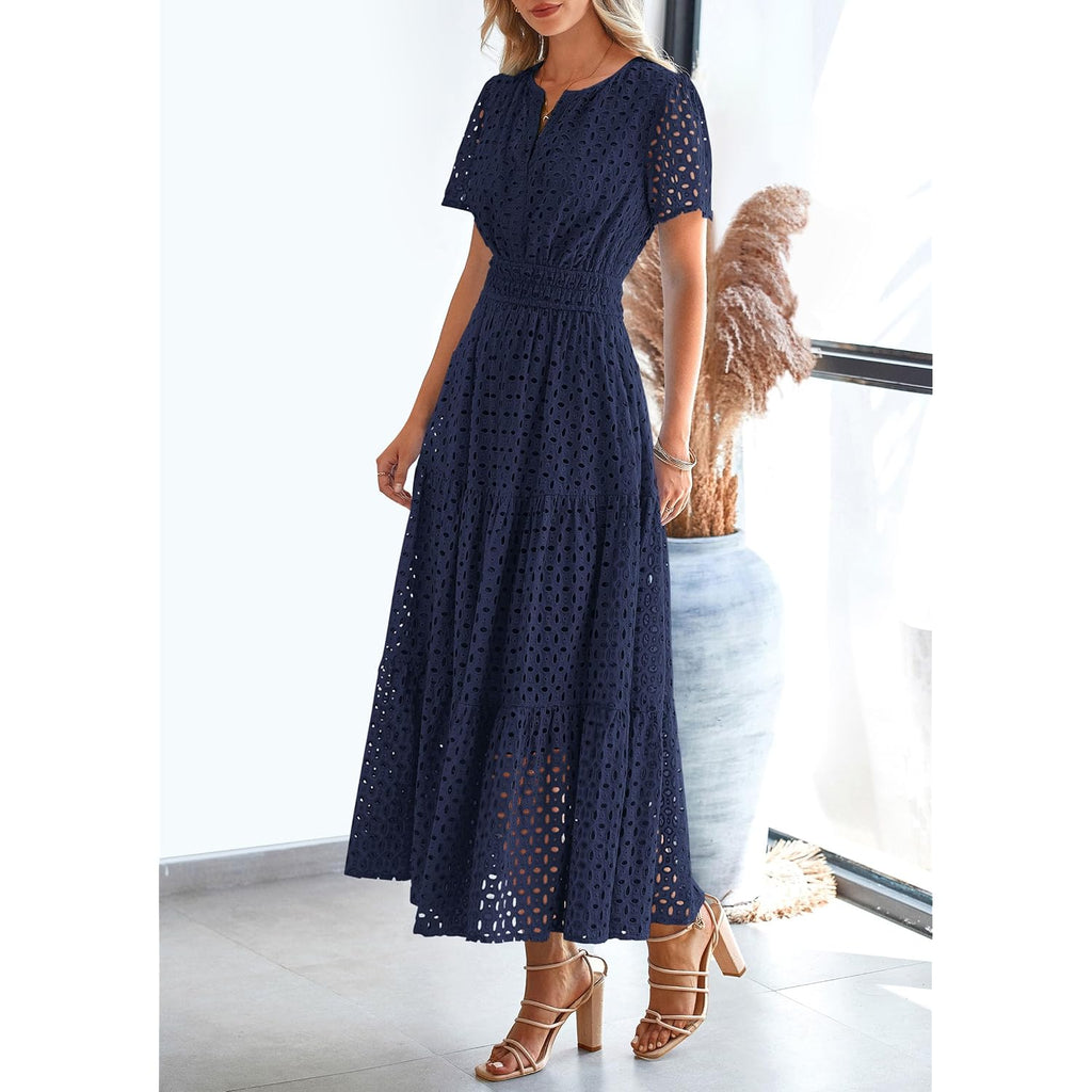 Prettygarden Womens 2026 Summer Maxi Dress Short Sleeve V Neck Hollow Out Eyelet A Line Long Flowy Beach Vacation Dresses
