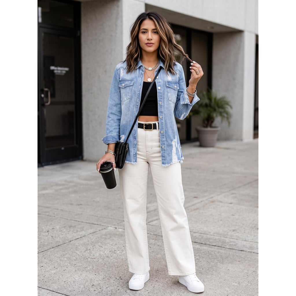 Dokotoo Women'S Oversized Denim Jacket Casual Long Sleeve Denim Shirts Distresse Jean Jacket