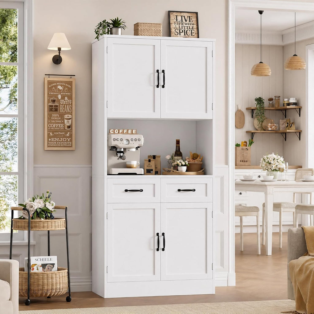 Hostack 71" Tall Kitchen Pantry Storage Cabinet, Wood Kitchen Hutch, White | Modern Pantry Cabinet With Microwave Stand, Hutch Cabinet With Countertop & Drawers, Storage Cabinet For Living Room