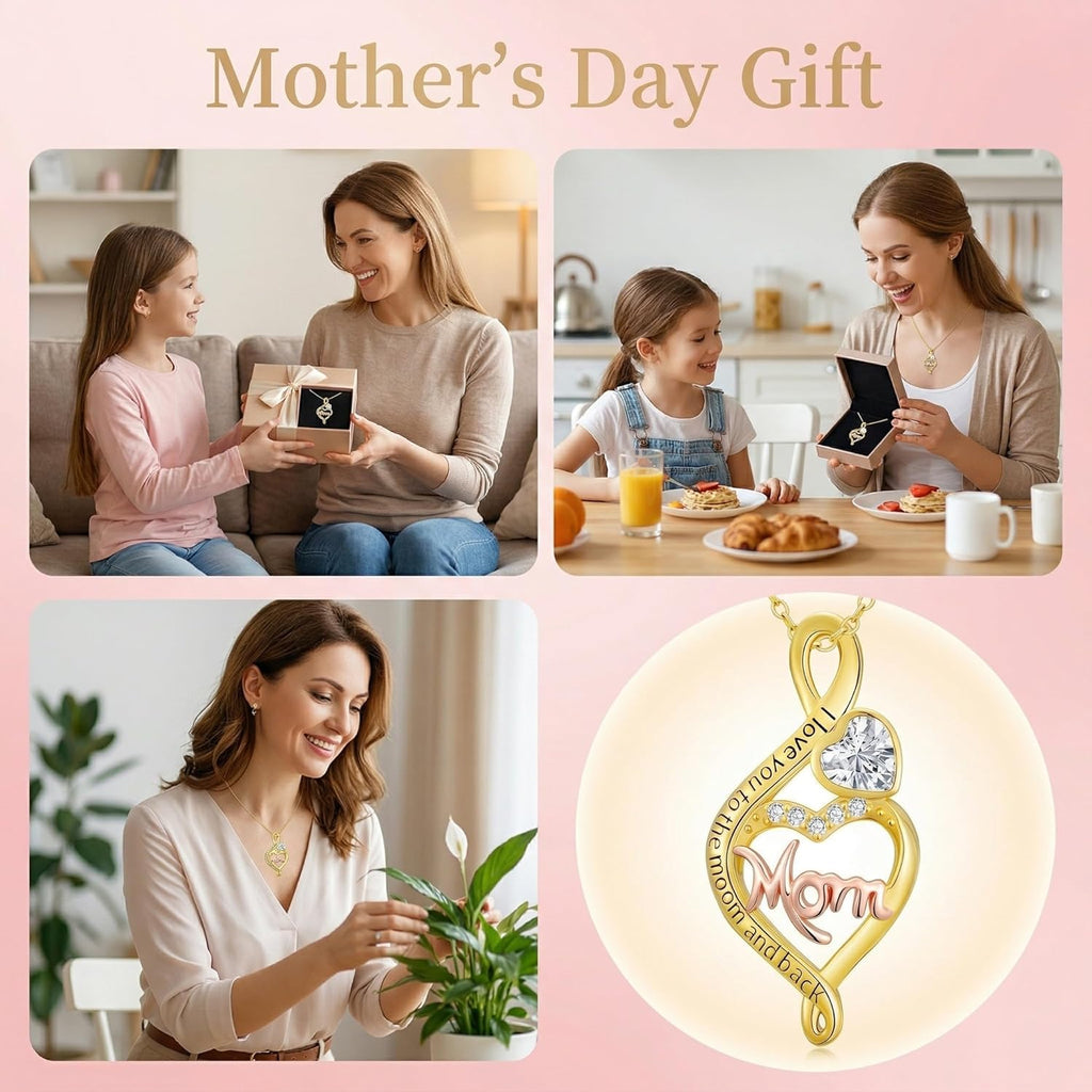 14K Solid Gold Mom Heart Pendant for Women Gold Heart Mom Necklaces with a S925 Sterling Silver Chain Mother's Day Anniversary Birthday Gifts Jewelry for Mom Her Wife Grandma