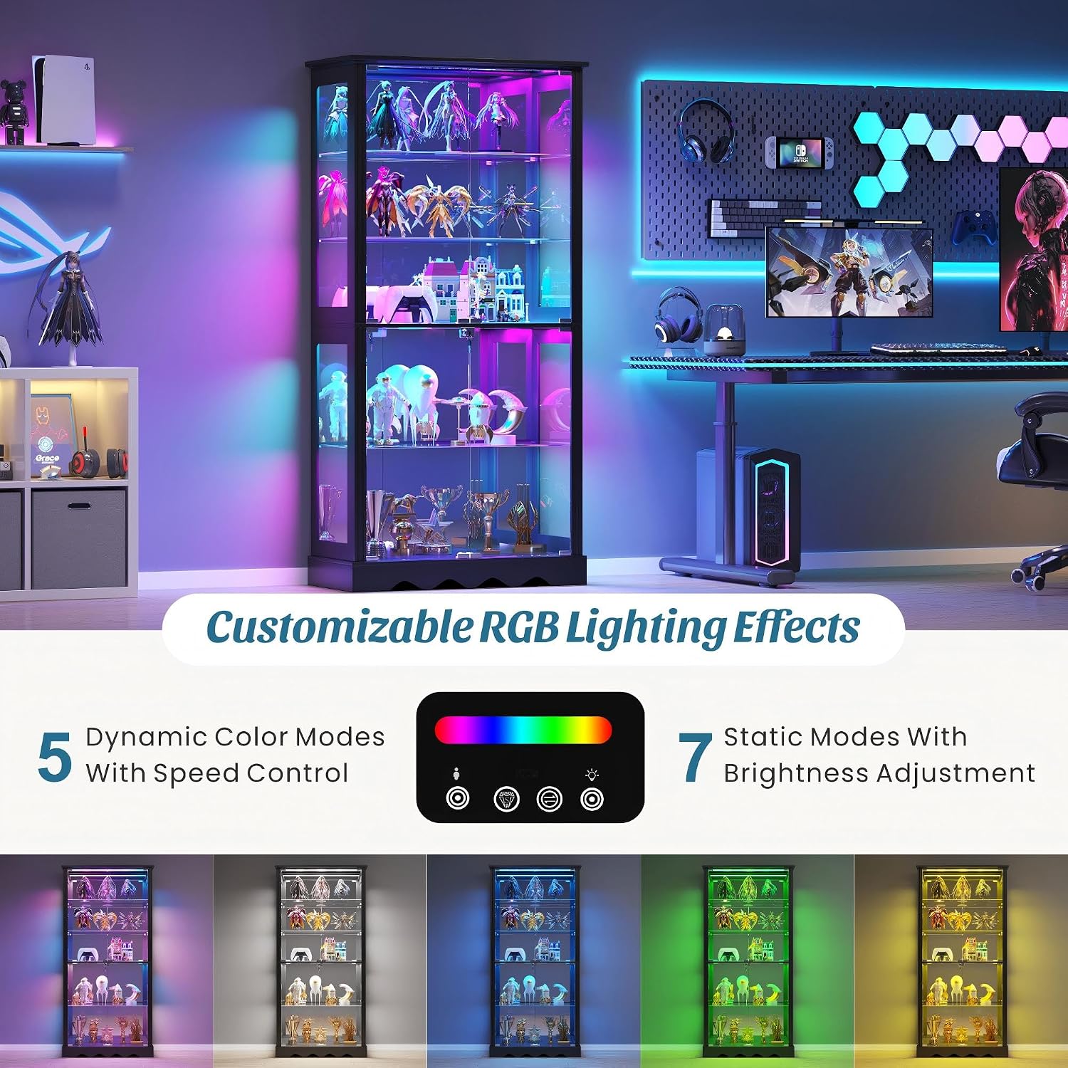 Dystler Display Cabinet With Glass Doors, Rgb Lights For Collectibles | 71'' Tall With Adjustable Shelves, Human Sensor Led Lighting Curio Cabinet, Black