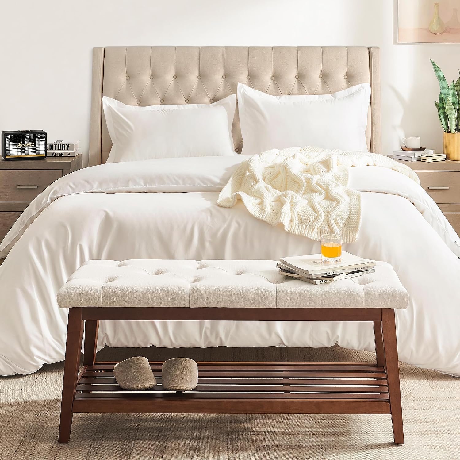 Upholstered Bench For Bedroom End Of Bed,42.5-Inch Entryway Bench For Living Room,Dining Bench With Padded Seat And Solid Wood Leg For Kitchen Bedroom,Indoor And Hallway (Shoe Bench, Beige)