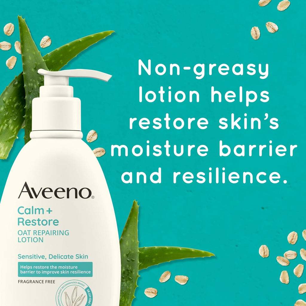 Aveeno Calm + Restore Oat Repairing Body Lotion For Sensitive Skin, Daily Moisturizer With Prebiotic Oat, Aloe & Pro-Vitamin B5, Fragrance Free Body Lotion Helps Heal Dry Skin, 12 Oz