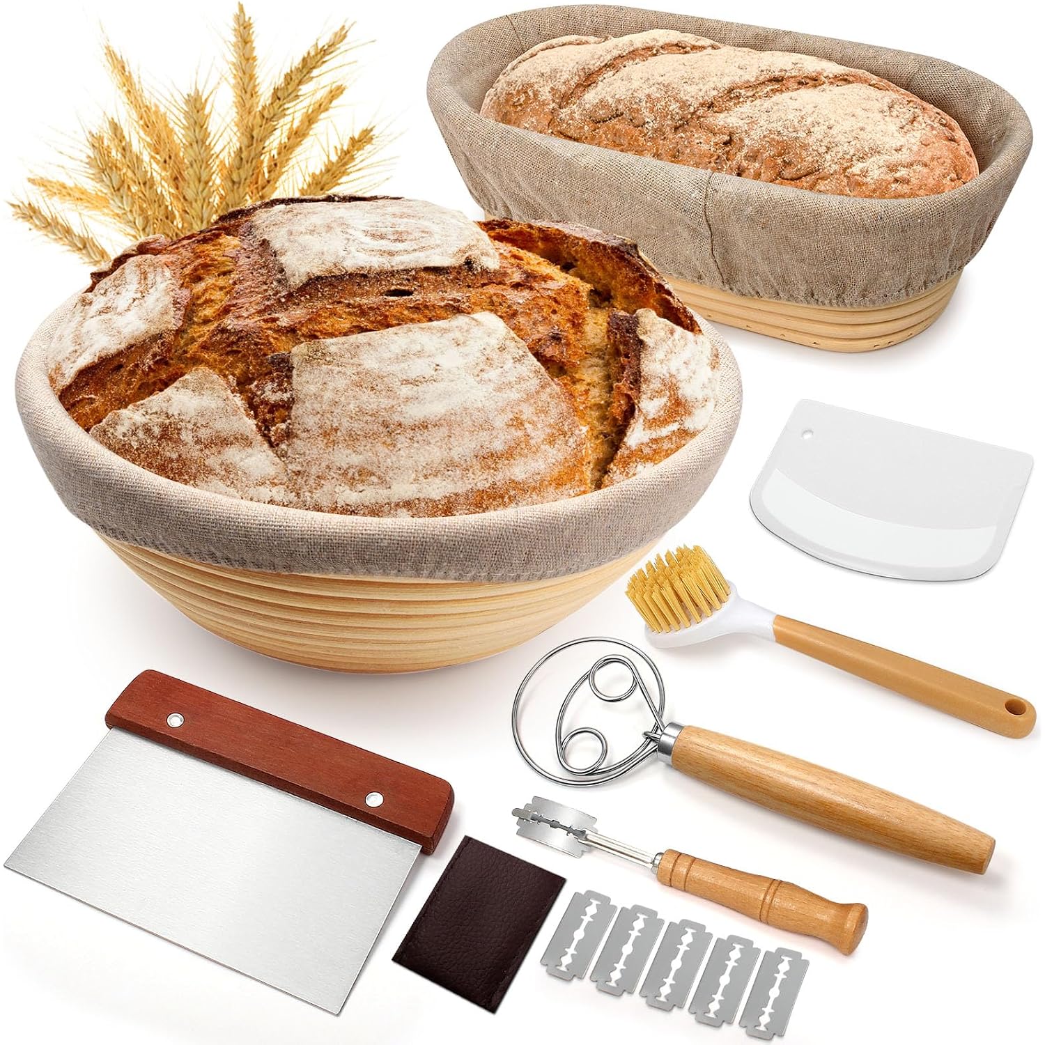 Sourdough Proofing Basket Gift Set, 9" Round And 10" Oval Banneton Bread Baking Supplies, Sourdough Baskets With Bread Lame, Danish Whish, Bowl Scraper, Sourdough Scraper, And Linen Liner
