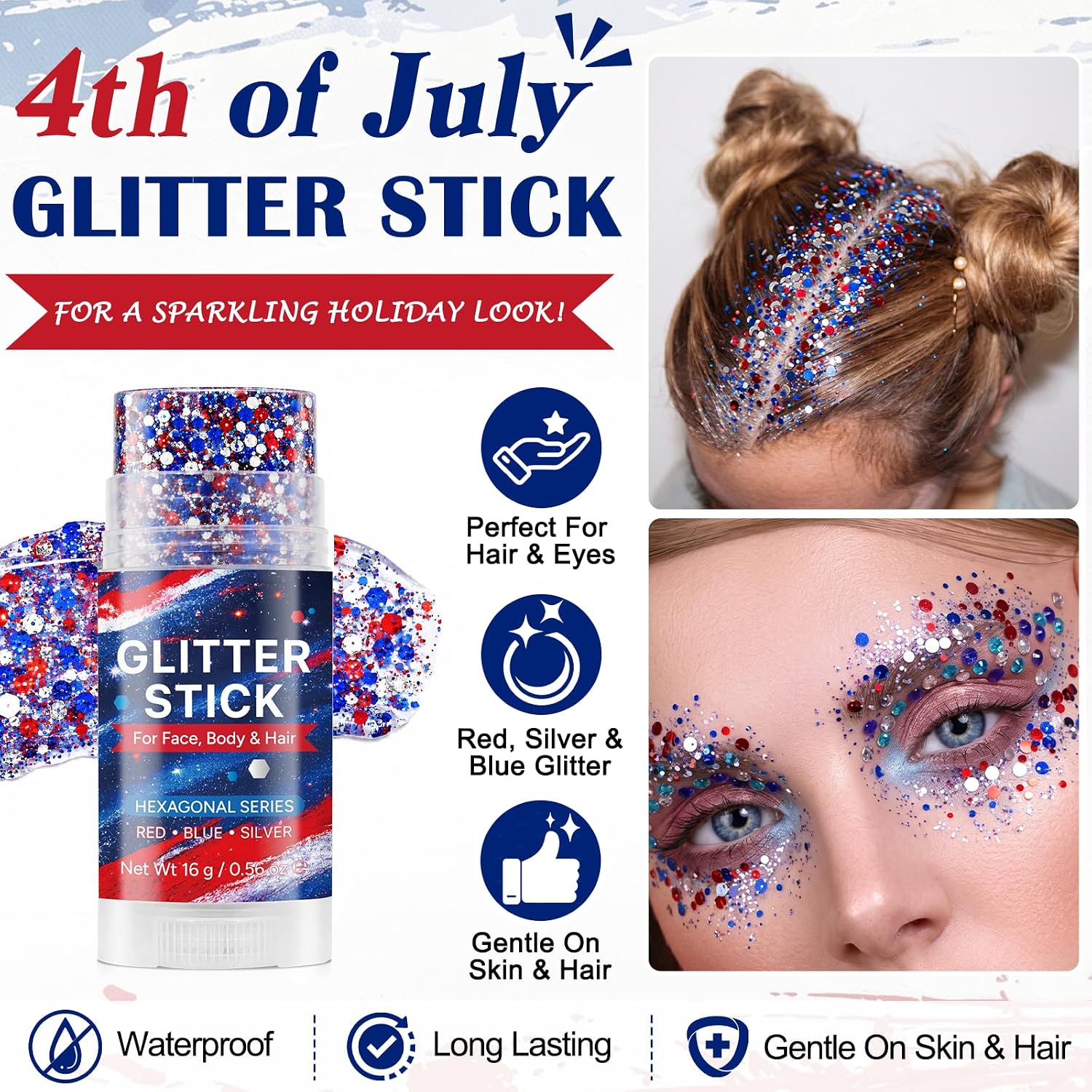 Red White Blue Glitter Stick - Hexagonal Patriotic Body Face Glitter Gel Makeup For Women Kids - Hypoallergenic Alcohol Free Hair Glitter For 4Th Of July, 250Th Independence Day Outfits, Soccer Game