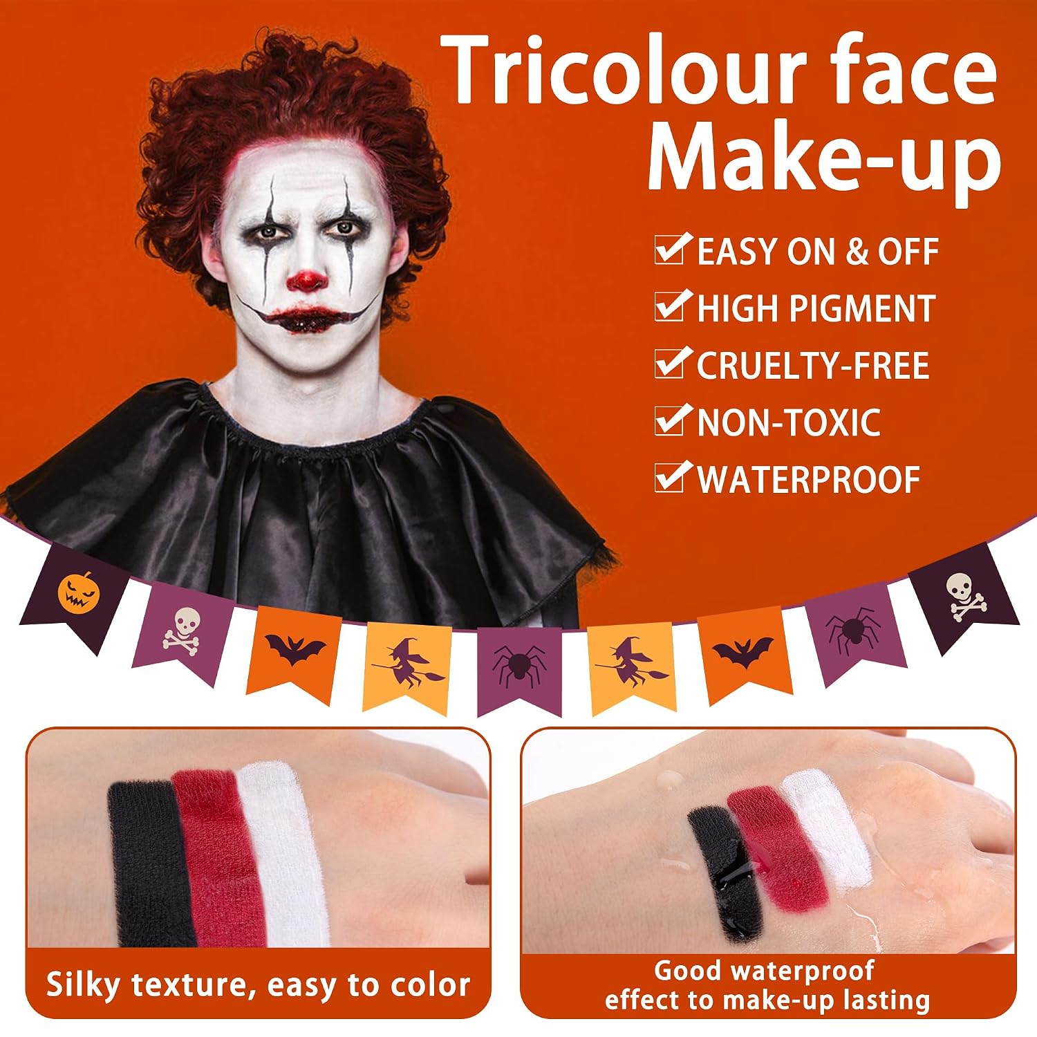 3 Set Black White Red Face Body Paint,3 Colors Clown Makeup Kit With Sponge And Brush,Joker Face Body Paint For Halloween Cosplay,Special Effect Makeup And Costume-Themed Party