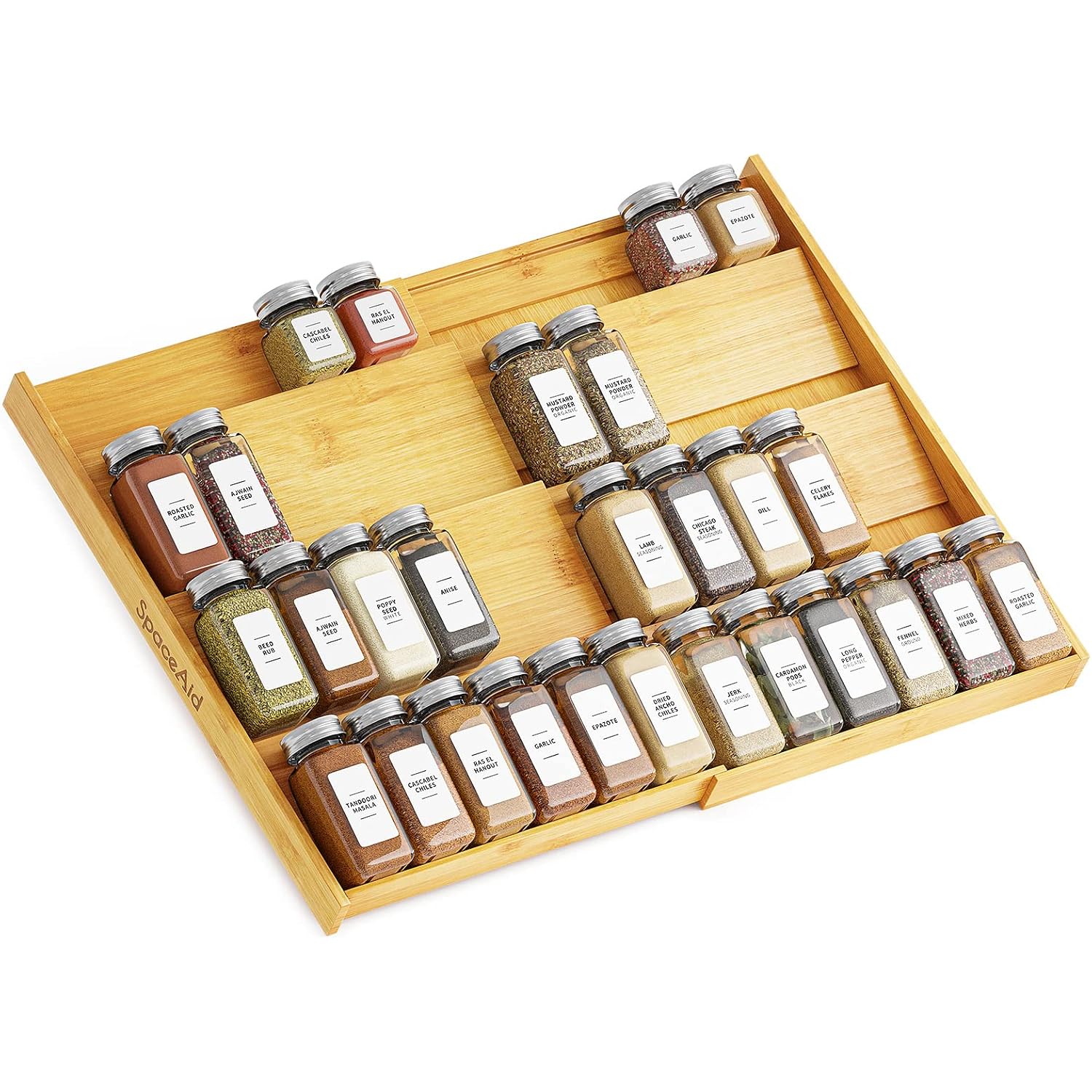 Spaceaid Bamboo Spice Drawer Organizer, (Need 3" Deep Drawer) Expandable 4 Tier Spices Rack For Cabinet, Kitchen Seasoning Storage Insert (Jars Not Included, From 12" To 23" Wide)