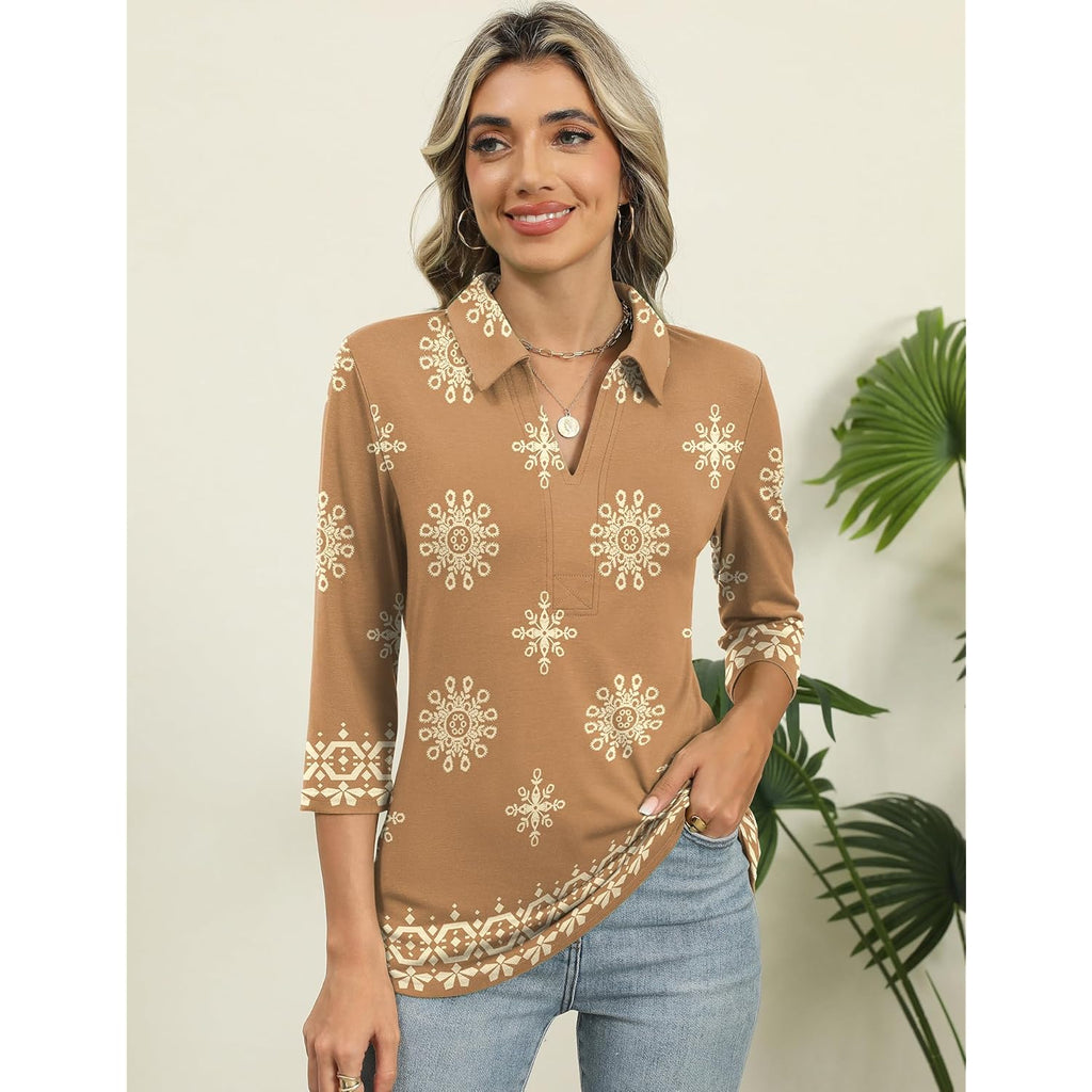 Women's 3/4 Length Sleeve V-Neck Collared Tops Summer Business Casual Work Polo Shirts 2025