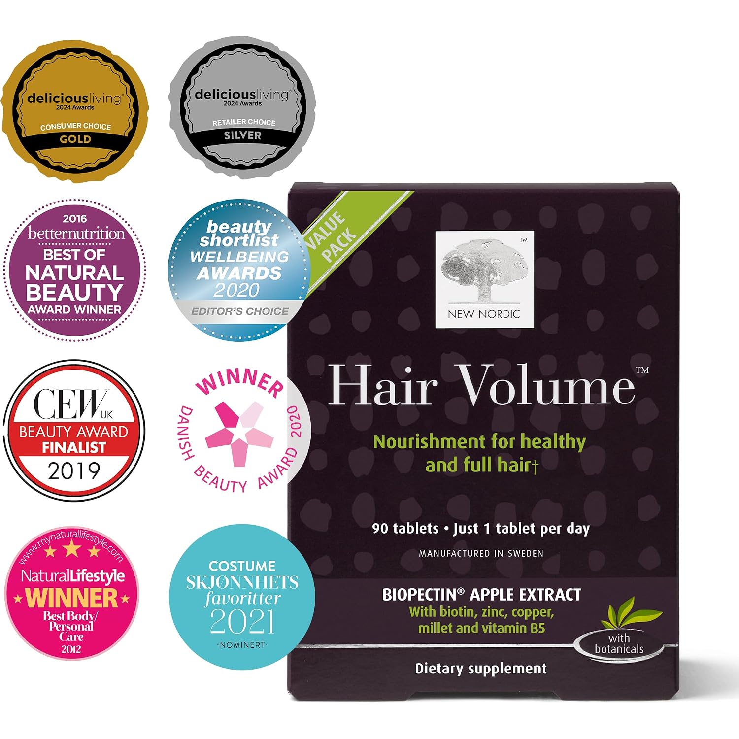 New Nordic Hair Volume Daily Biotin Support Supplement | 90 Tablets | Daily Hair Supplement Tablets Made With Biotin And Annurka Apple Extract For Simple Incorporation Into Your Daily Routine