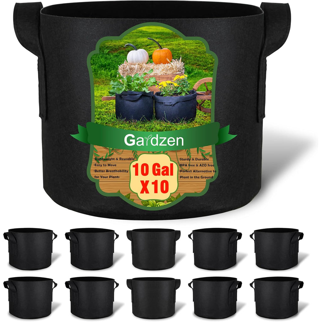 Gardzen 10-Pack 10 Gallon Grow Bags, 300G Thickened Fabric Grow Bags With Handles, Heavy Duty Aeration Plant Grow Bags