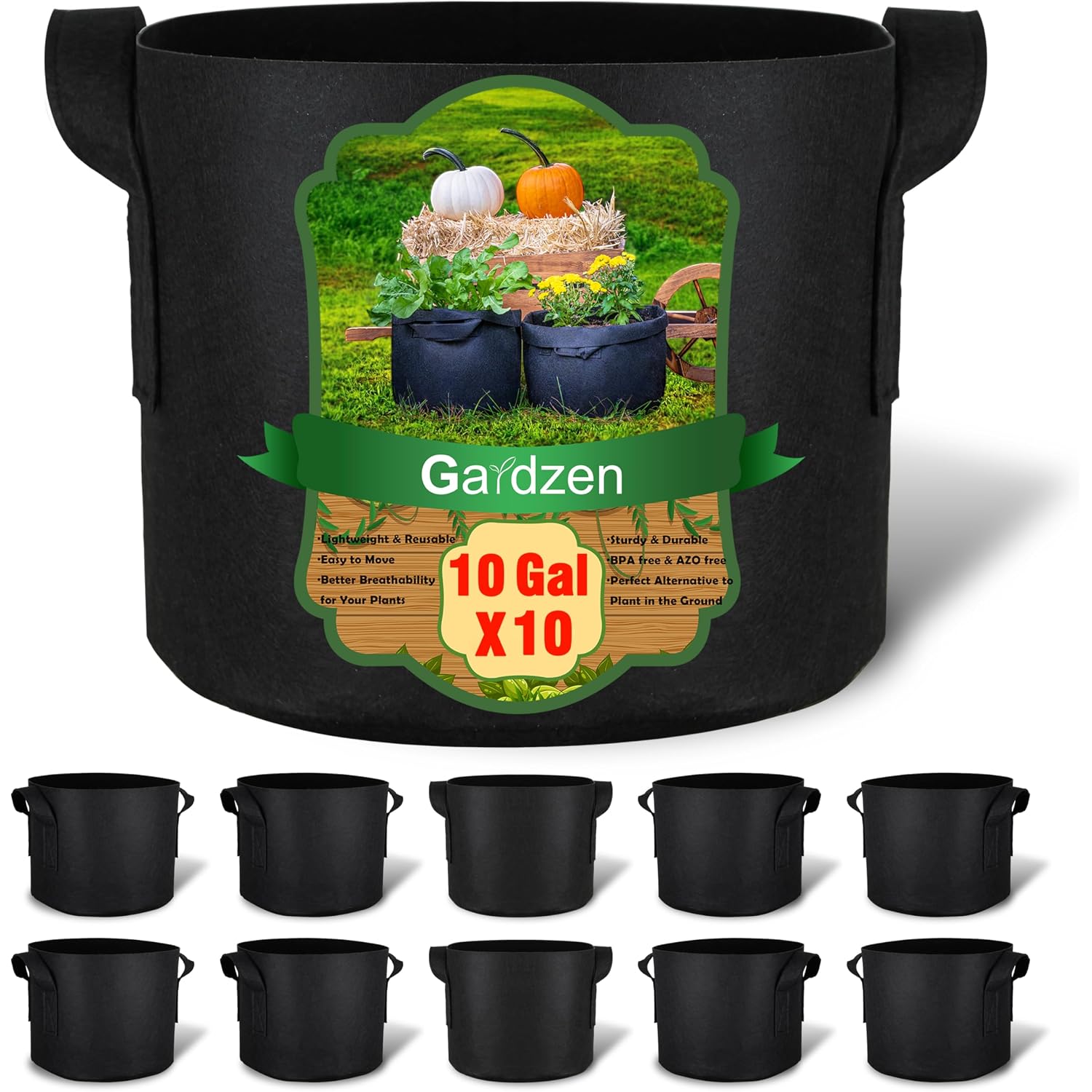 Gardzen 10-Pack 10 Gallon Grow Bags, 300G Thickened Fabric Grow Bags With Handles, Heavy Duty Aeration Plant Grow Bags