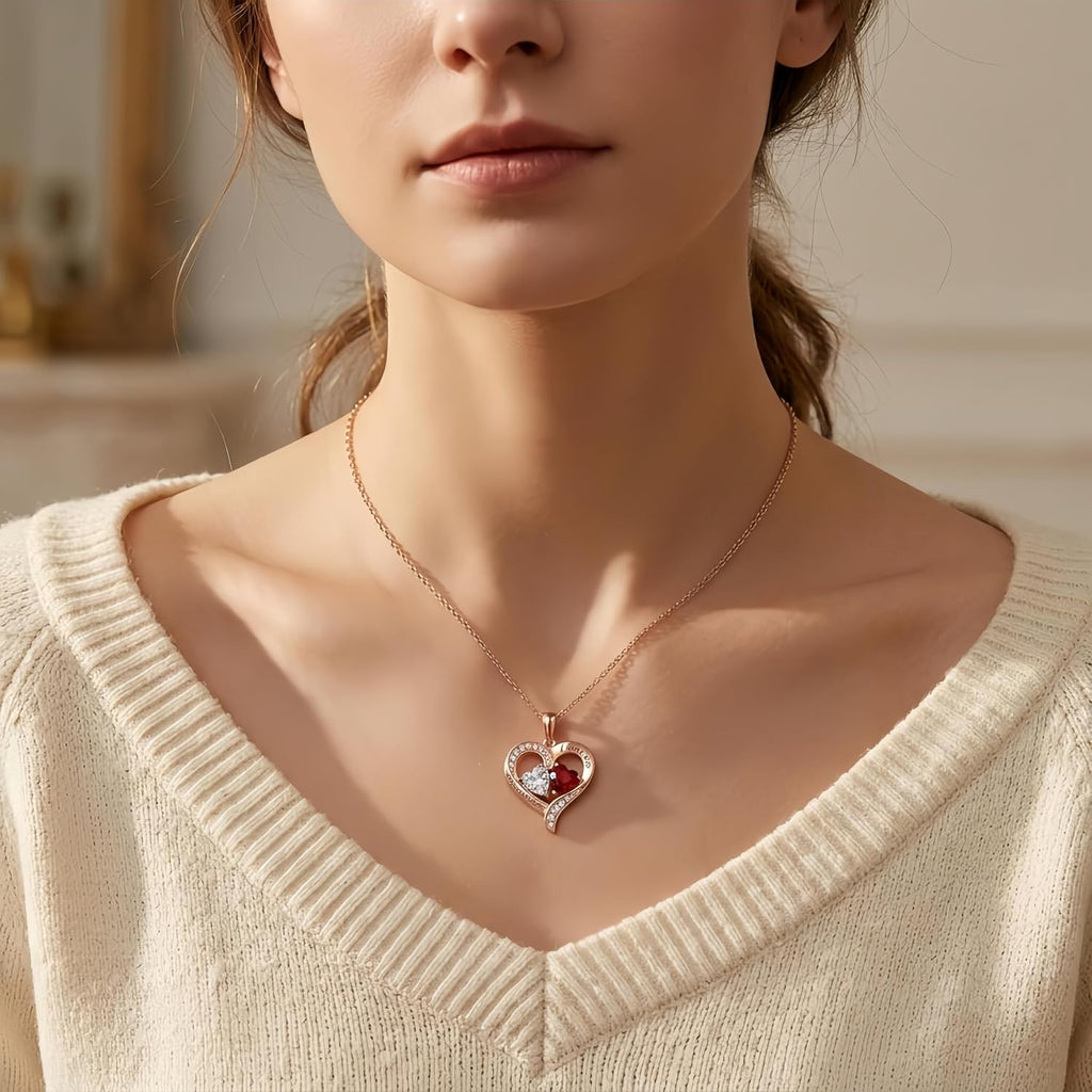 10K 14K 18K Gold Personalized Heart Necklace with 2 Birthstones Customized Pendant Jewelry I Love You Always and Forever Mother's Day Jewelry Gifts for Women Mom Wife Grandmother
