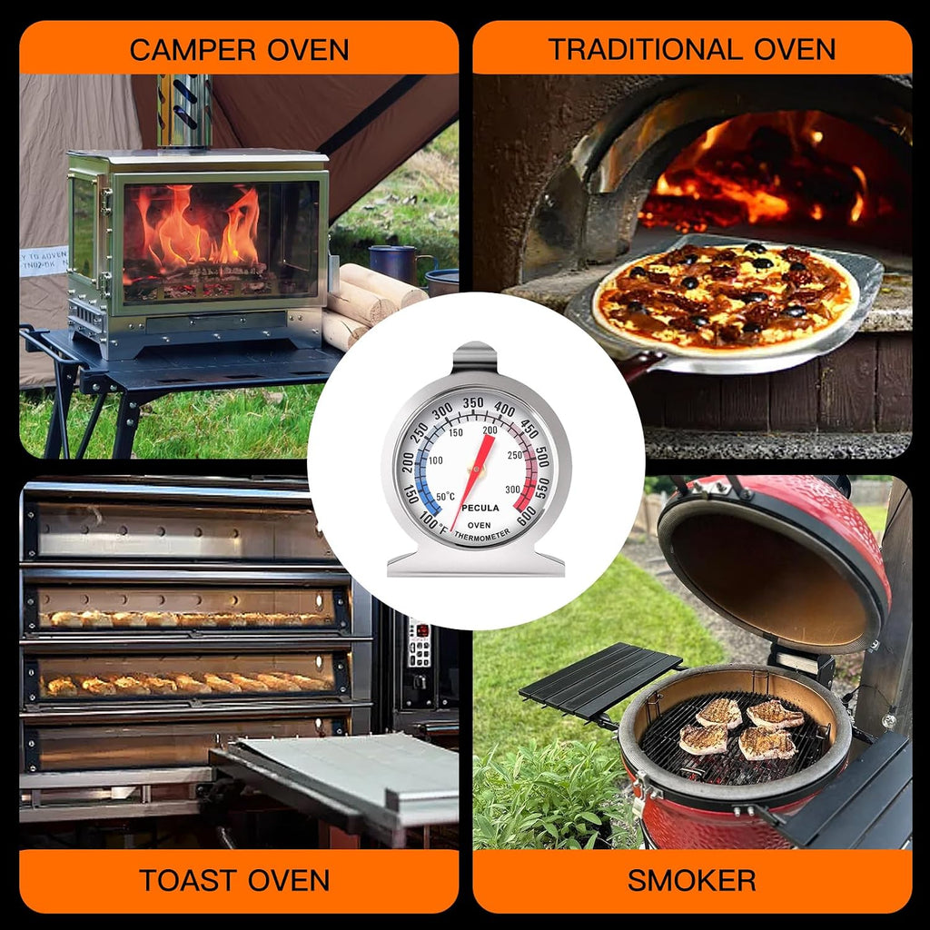 Stainless Steel Oven Thermometer 50-300°C/100-600°F, Analog Instant Read, Battery-Free Kitchen Cooking Thermometer, Hook & Stand Design Food Thermometer For Oven, Grill, Smoker, Fryer