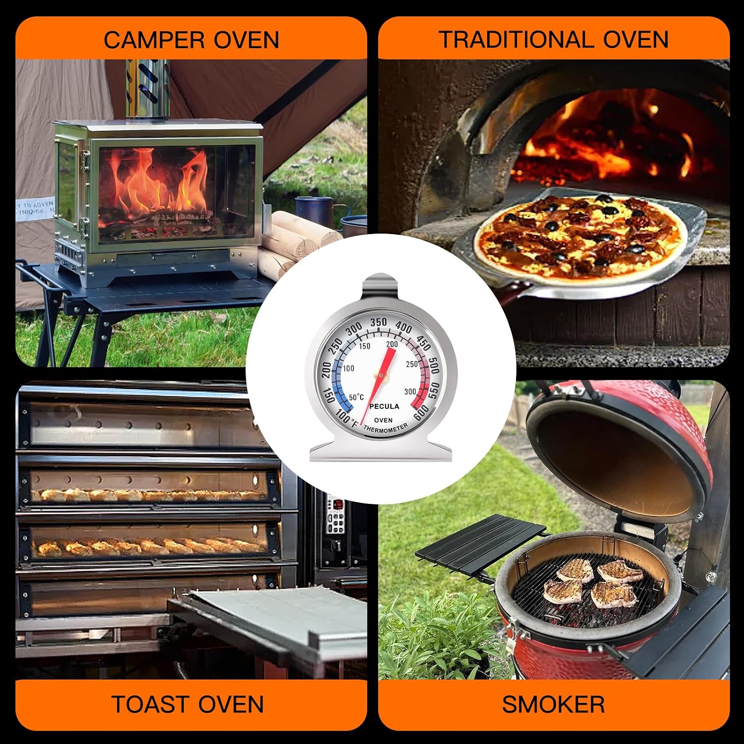 Stainless Steel Oven Thermometer 50-300°C/100-600°F, Analog Instant Read, Battery-Free Kitchen Cooking Thermometer, Hook & Stand Design Food Thermometer For Oven, Grill, Smoker, Fryer