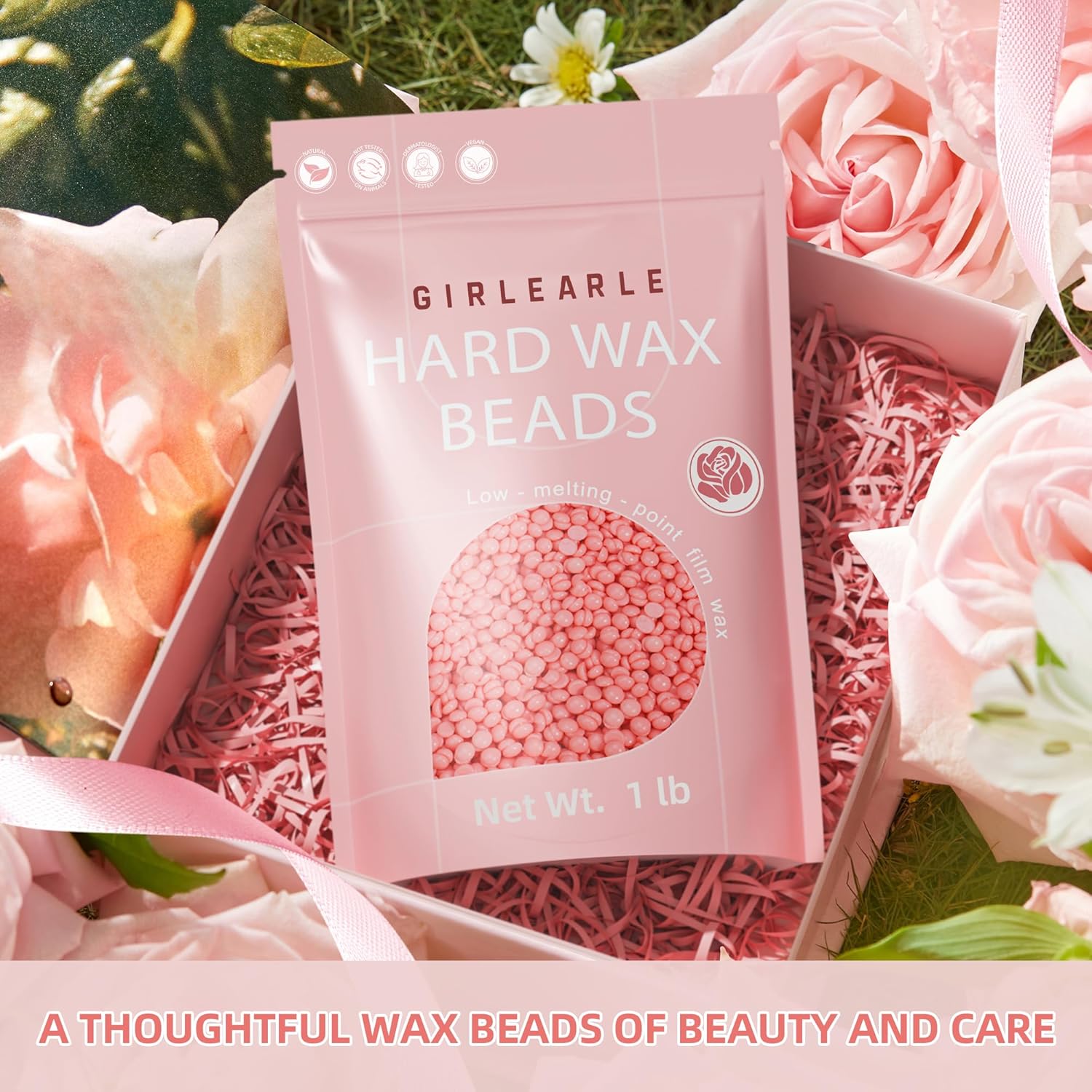 GIRLEARLE Hard Wax Beads, 1lb Wax Beans for Hair Removal Sensitive Skin with Rose Formula, Perfect for Full Body, Facial, Brazilian Bikini, and Legs at Home Wax Refill for Women Men (pink)