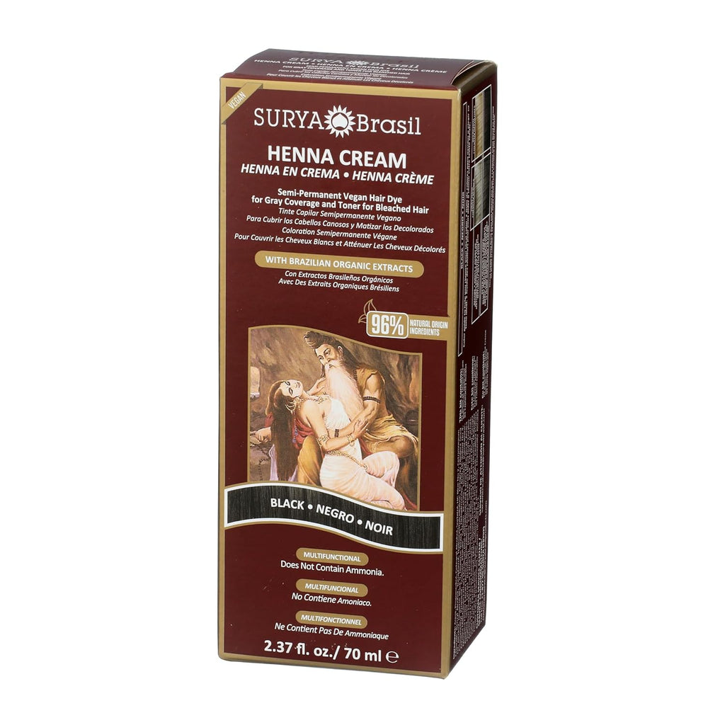 Surya Brasil - Henna Cream for Gray Coverage, Semi Permanent Natural Henna Deep Conditioning Hair Color Treatment, Black, 2.37 oz / 70 ml