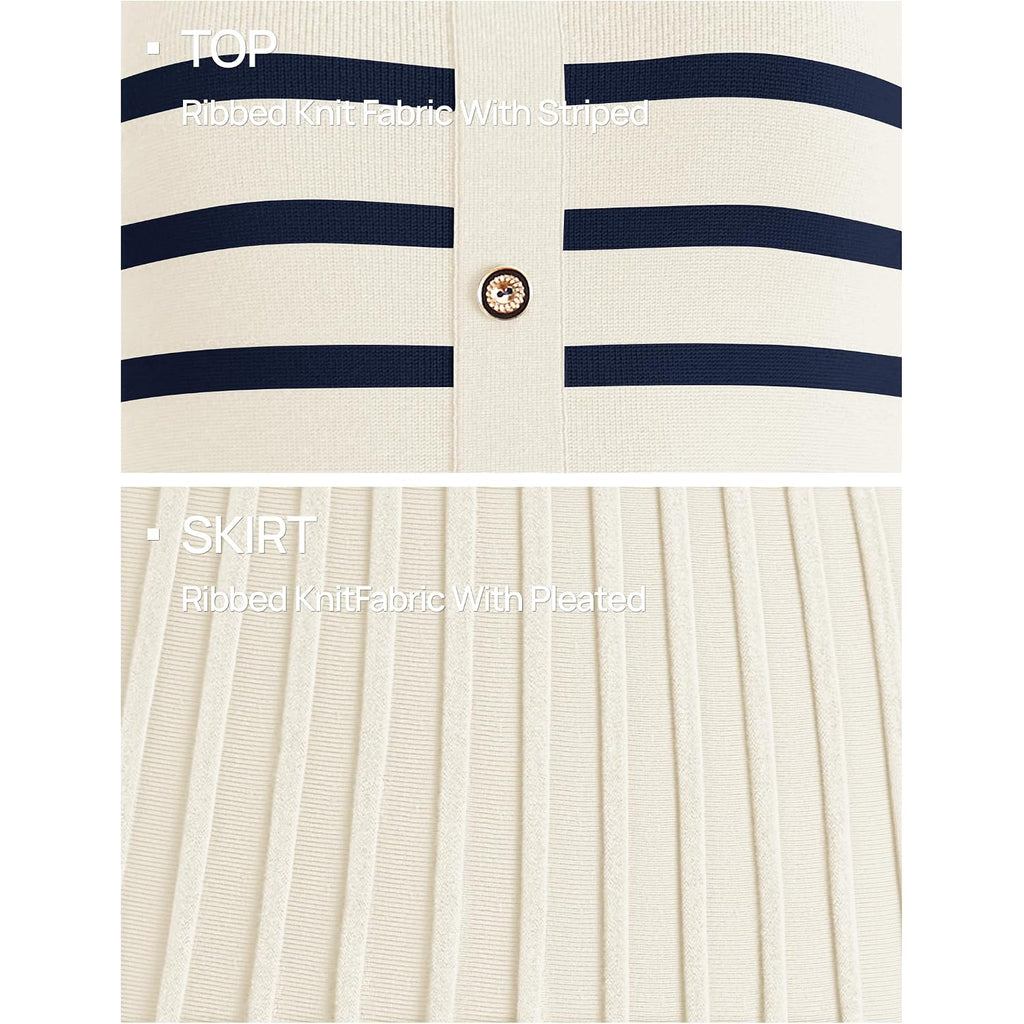 Zesica Women'S 2026 Casual Striped Midi Dress Crewneck Short Sleeve Button Ribbed Knit Swing Pleated A Line Dresses