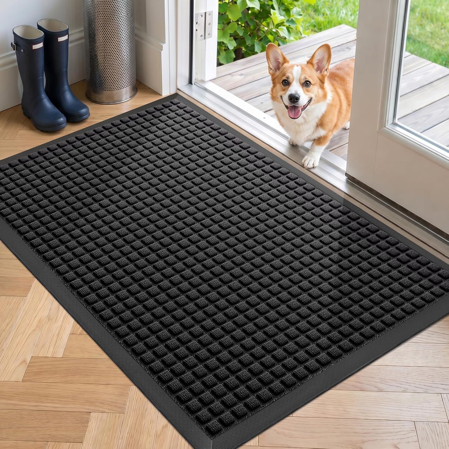 Front Door Mat Outside Entrance, Heavy Duty Waterproof Doormat | 29.5"X17" Indoor/Outdoor Dirt Trapper With Non-Slip Rubber Backing, Low Profile Easy Clean, Stain & Fade Resistant Black
