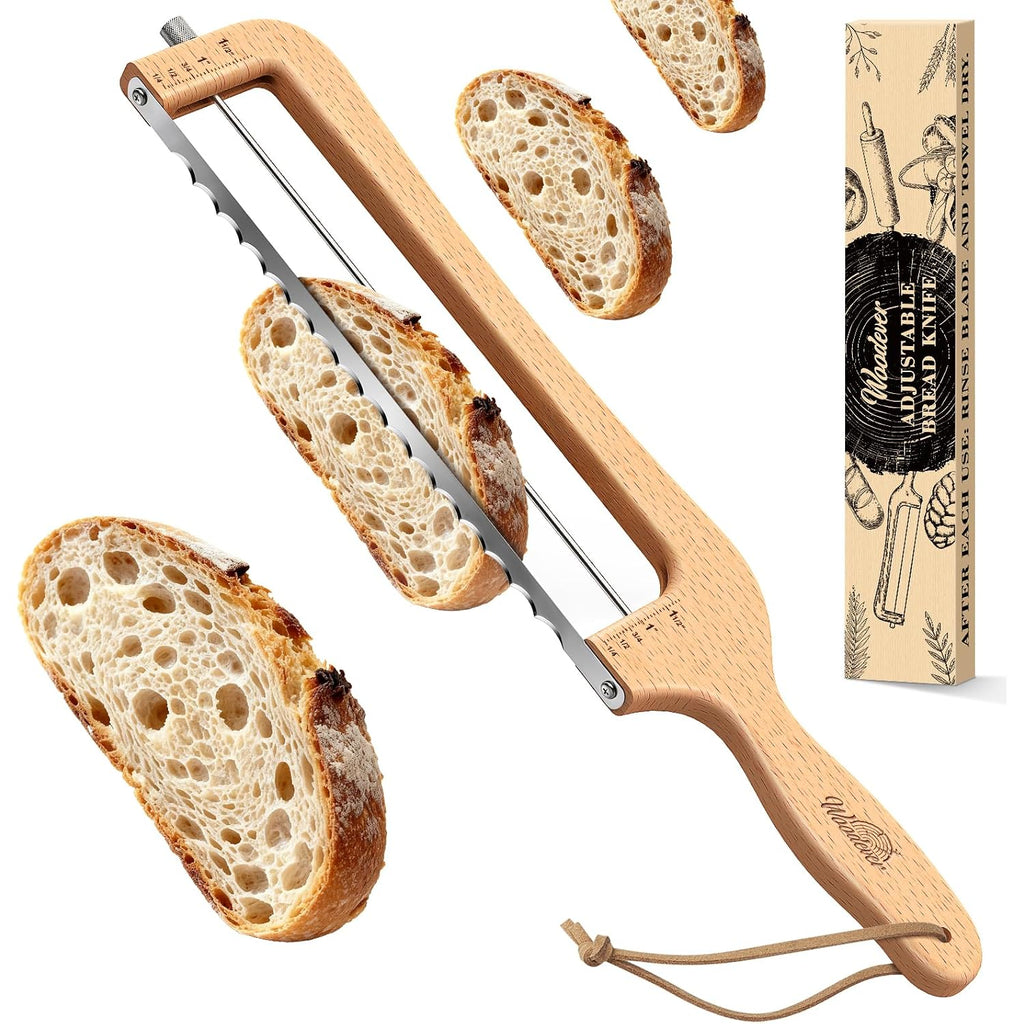 Adjustable Bread Knife For Home Use, Wooden Sourdough Bread Slicer For Homemade Bread With Bow Design, Premium Stainless Serrated Bread Cutter For Bagels And Baguettes-Natural