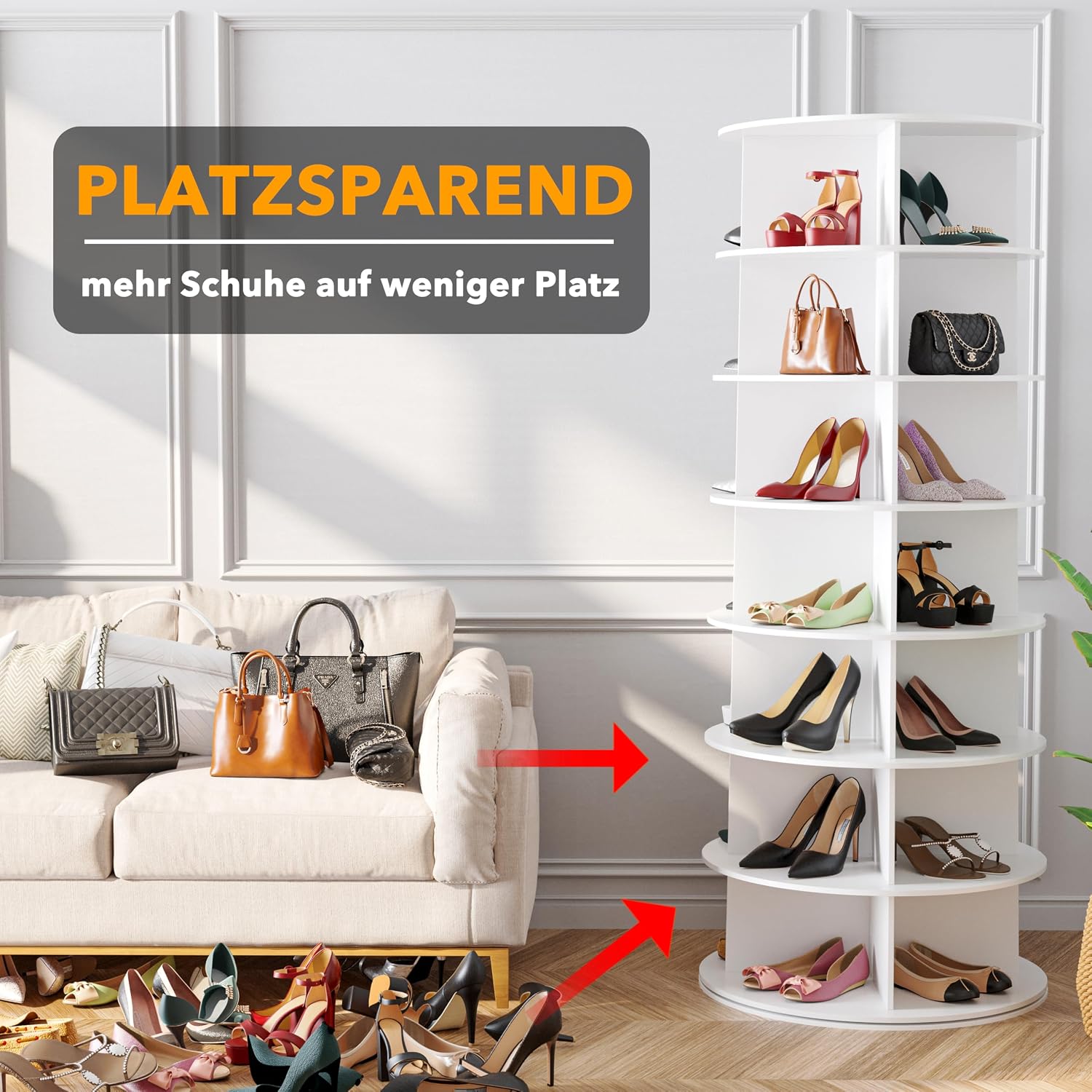 Spaceaid 7 Tier Rotating Shoe Rack Tower, Spinning Shoe Display Lazy Susan, Revolving 360 Shoe Rack Storage Round Carousel, Vertical Handbag Rotate Shoes Closet Organization (7-Tier White)