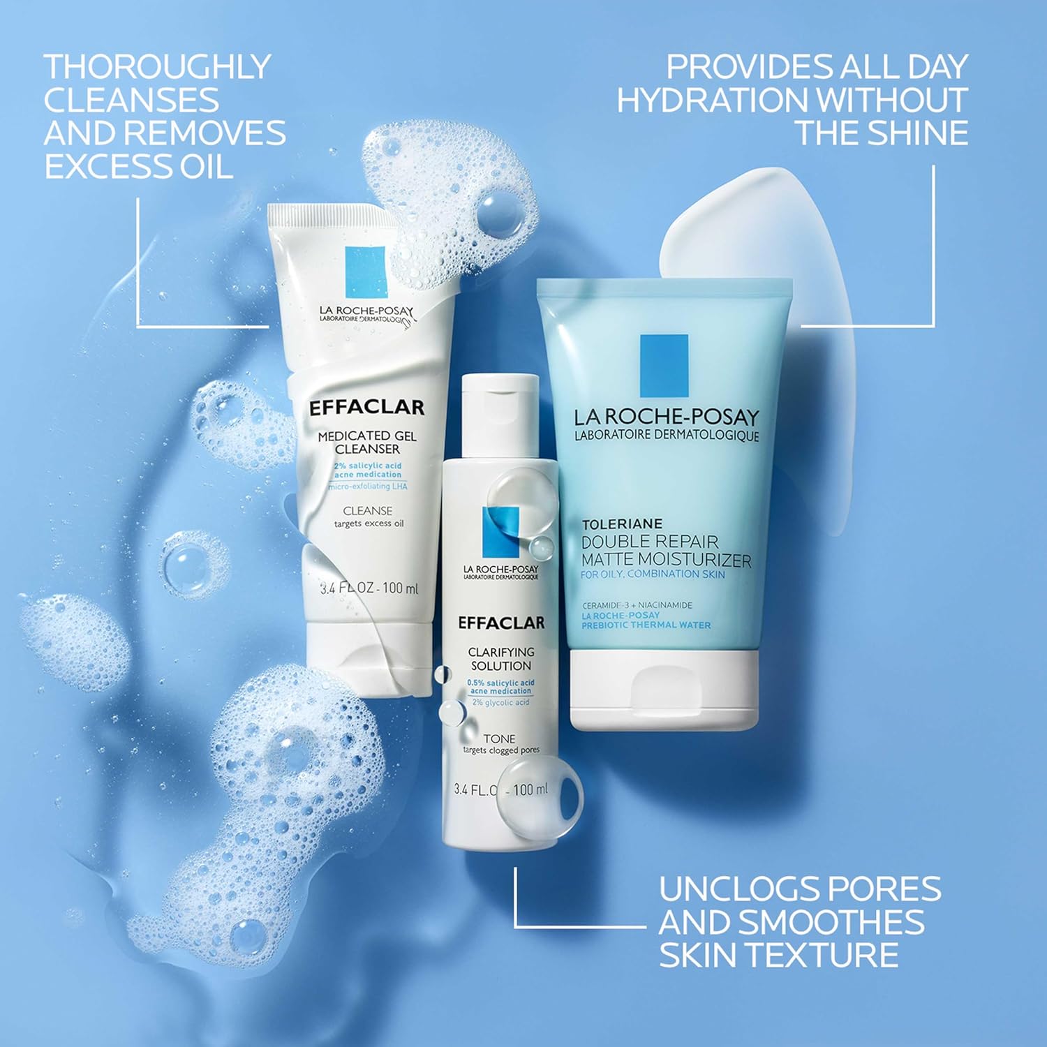 Effaclar Daily Acne Essentials Kit, Acne Treatment System, Salicylic Acid Acne Cleanser, Pore Refining Toner, & Matte Face Moisturizer For Oily Skin & Combination Skin, Oil-Free, 2 Month Supply