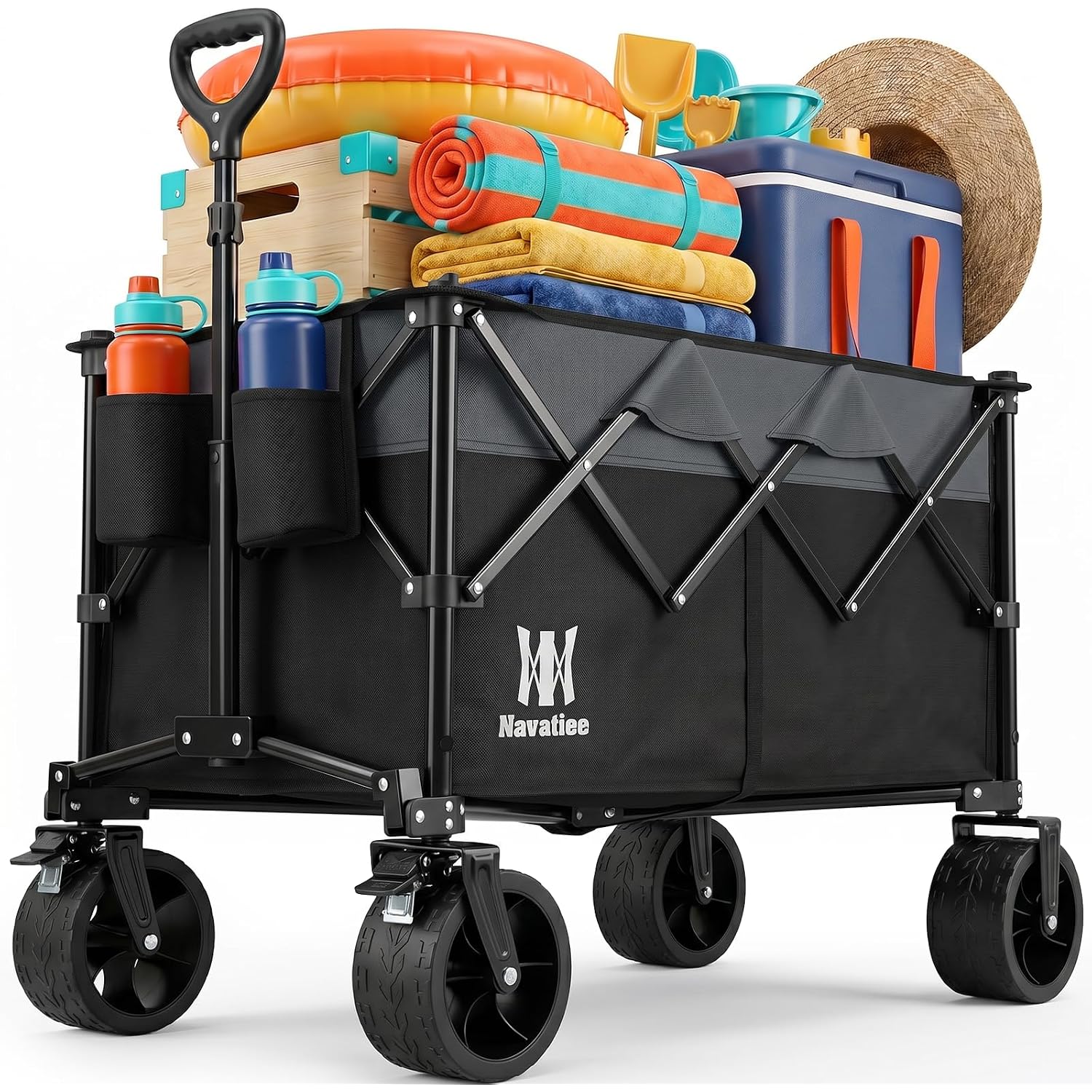 330Lbs Collapsible Folding Wagon, Beach Wagon Cart Heavy Duty Foldable With Big Wheels, Utility Grocery Wagon With 165L Large Capacity For Camping Garden Sports, Black