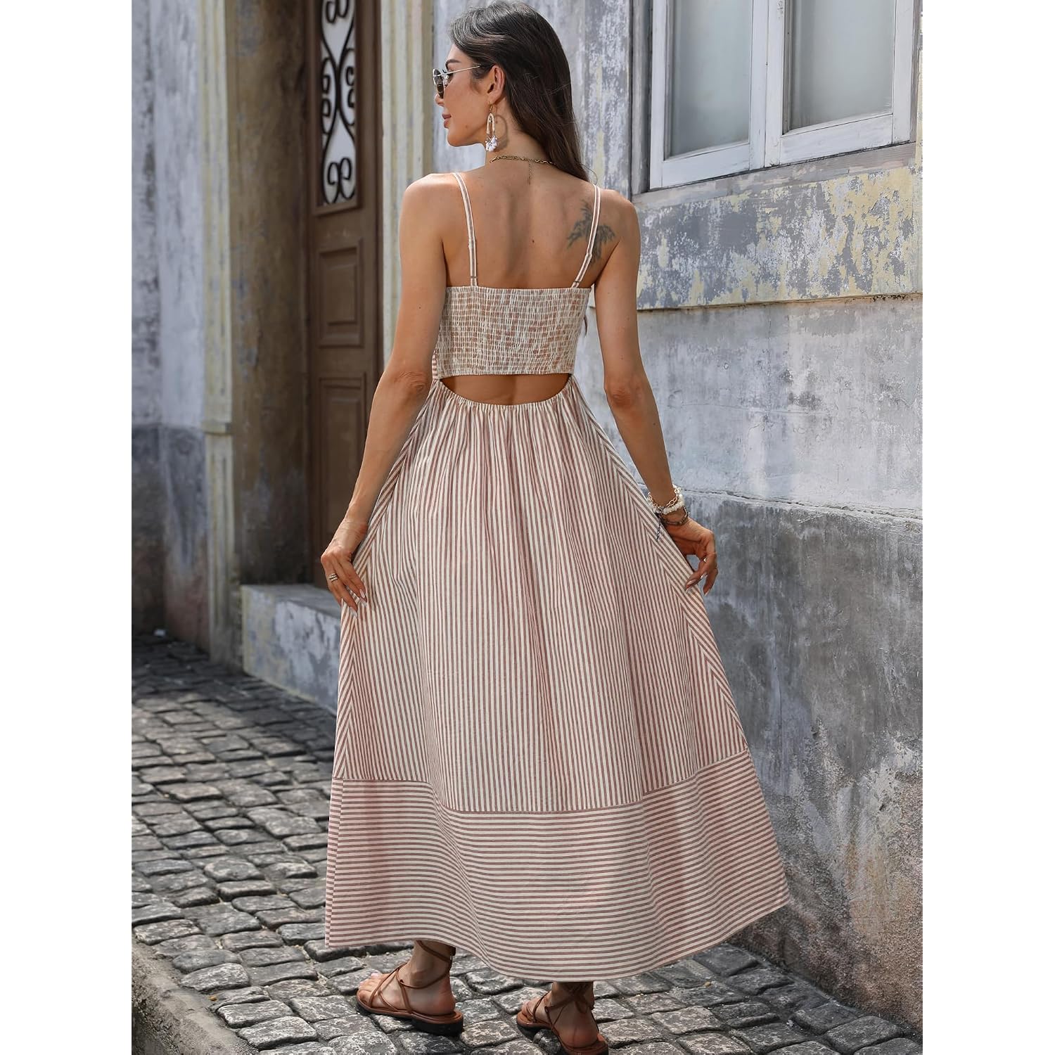 Caracilia Womens Maxi Dresses Gingham Spaghetti Strap Back Smocked Flowy Long Sundress Summer Beach Vacation Clothes 2026
